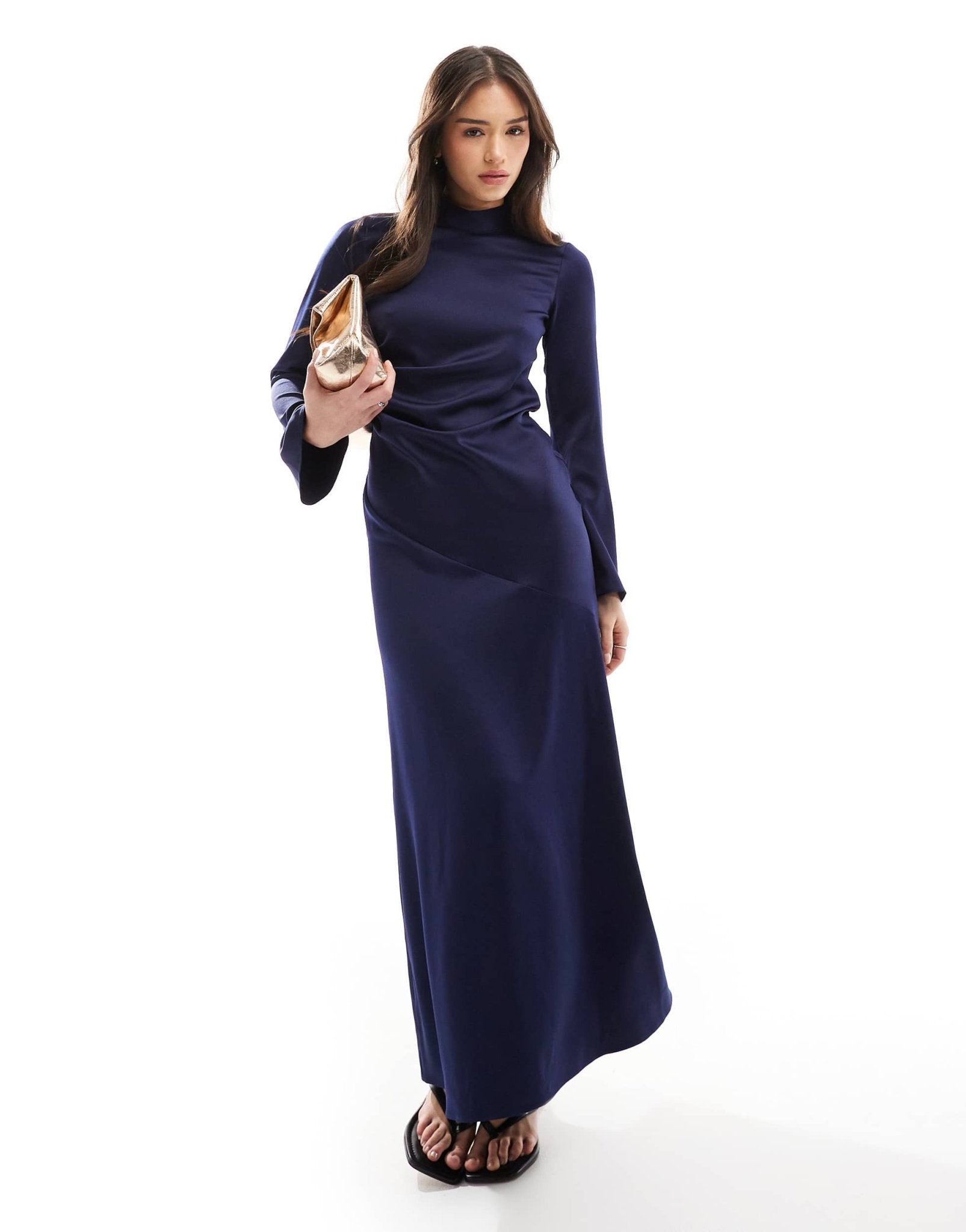 Closet London long sleeve satin drape maxi dress in navy - ASOS Sample Sale EU Store
