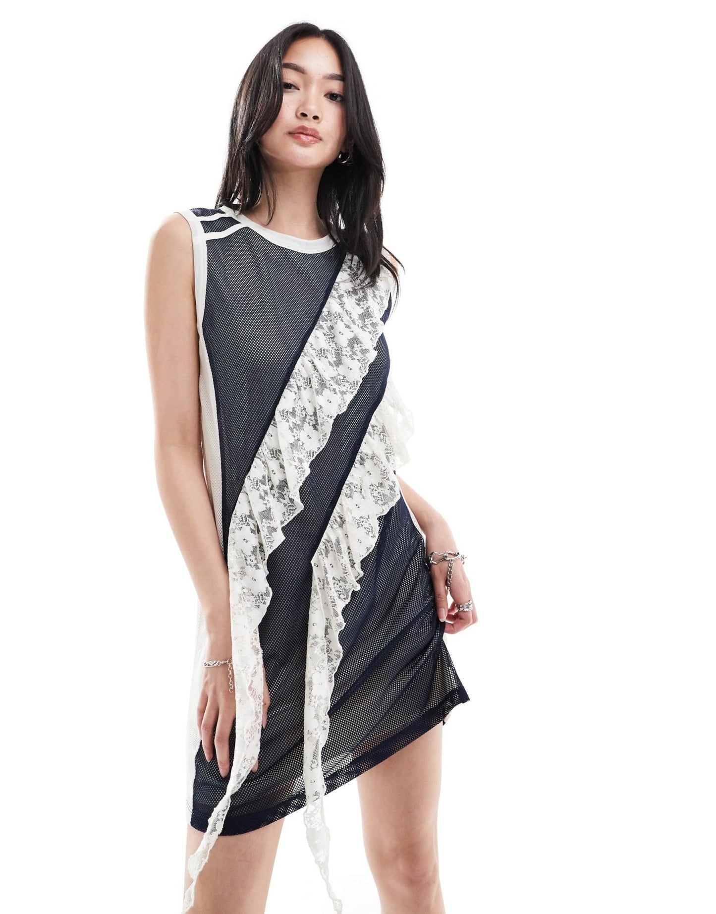 COLLUSION airtex mini vest dress with lace trim in navy - ASOS Sample Sale EU Store
