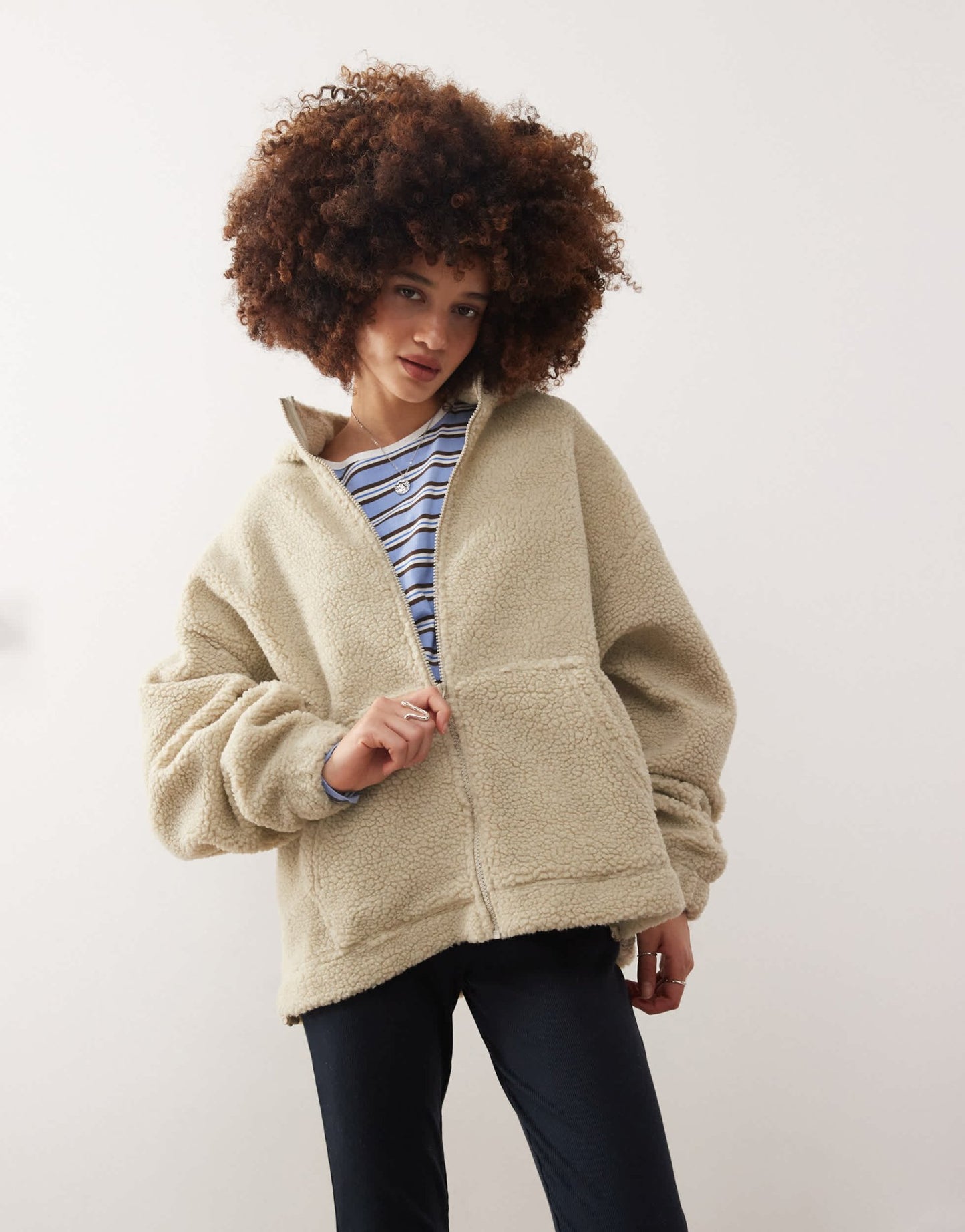COLLUSION Borg hooded zip through sweat in ecru - ASOS Sample Sale EU Store