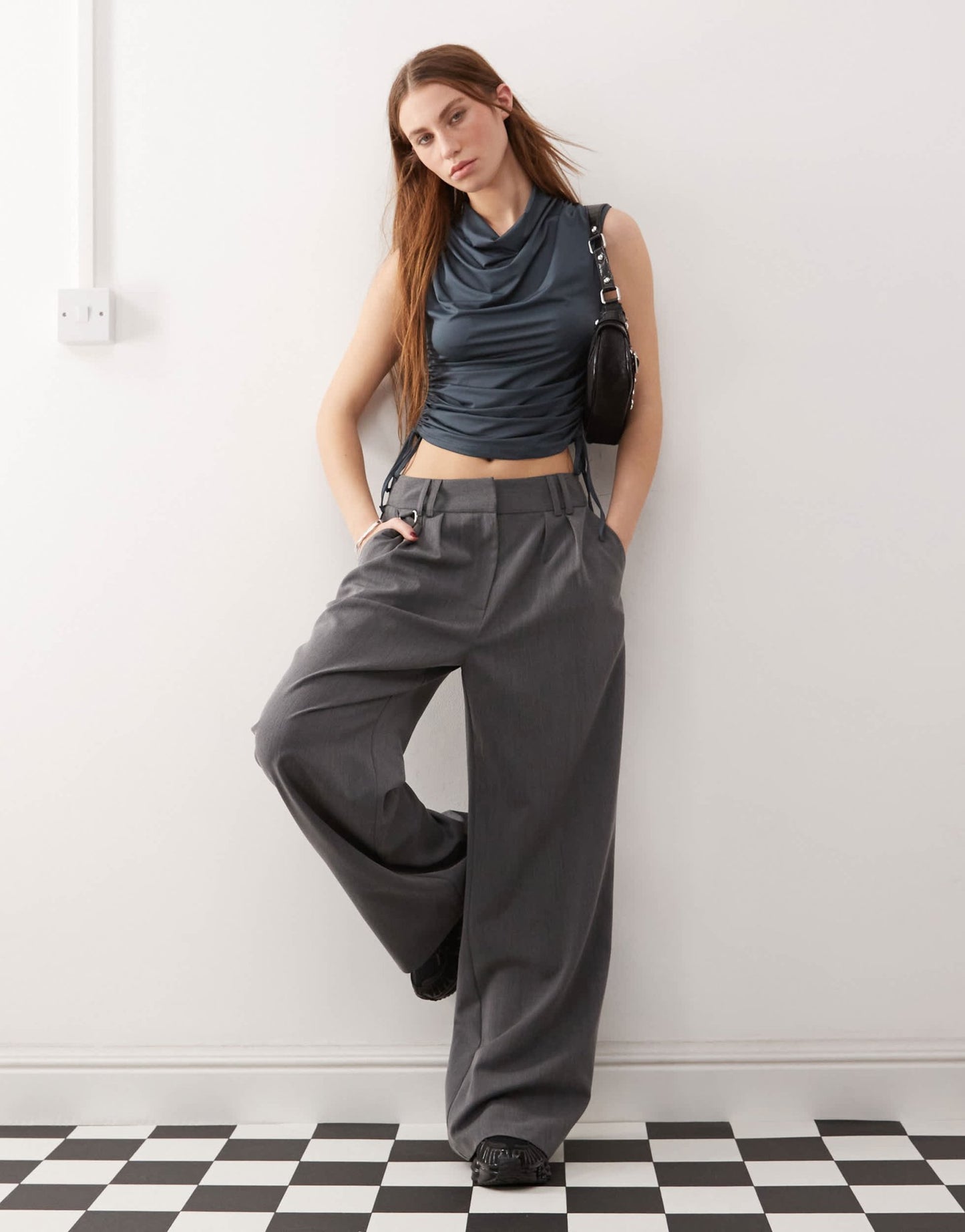 COLLUSION cowling drape detail slinky tank top with ruched side slate grey - ASOS Sample Sale EU Store