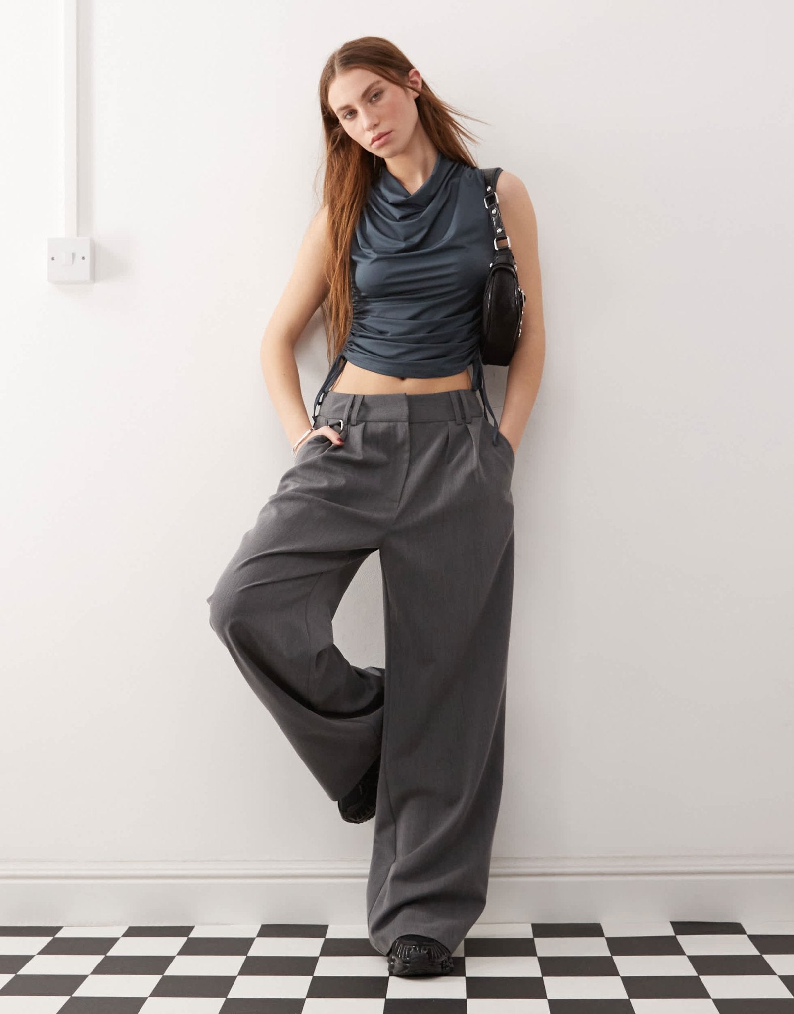 COLLUSION cowling drape detail slinky tank top with ruched side slate grey - ASOS Sample Sale EU Store