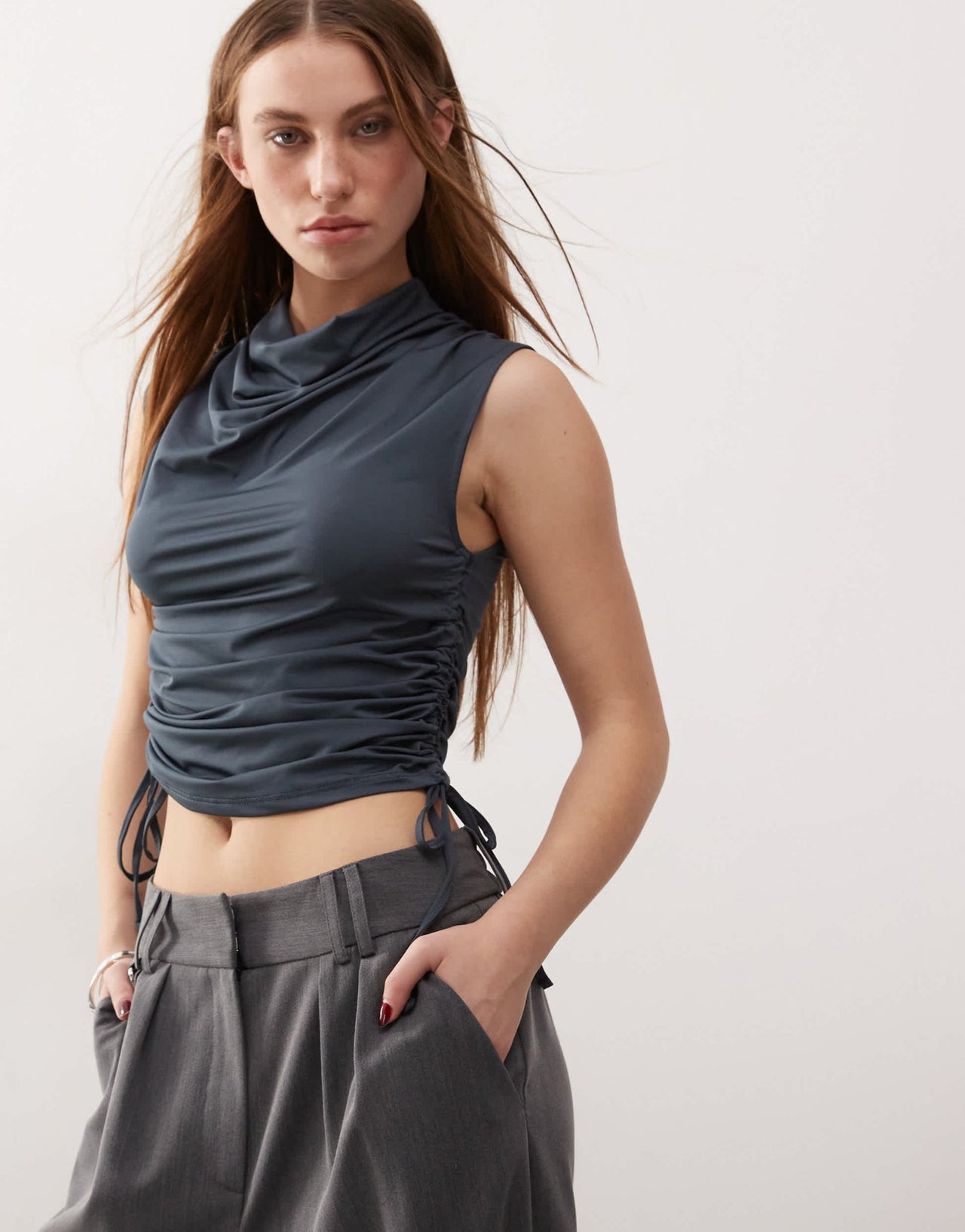 COLLUSION cowling drape detail slinky tank top with ruched side slate grey - ASOS Sample Sale EU Store