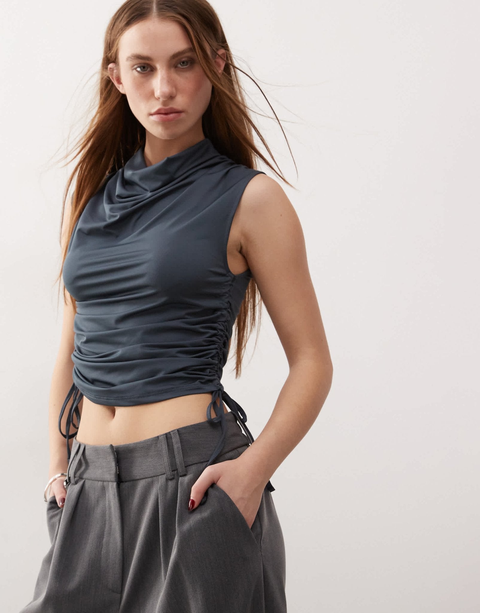 COLLUSION cowling drape detail slinky tank top with ruched side slate grey - ASOS Sample Sale EU Store