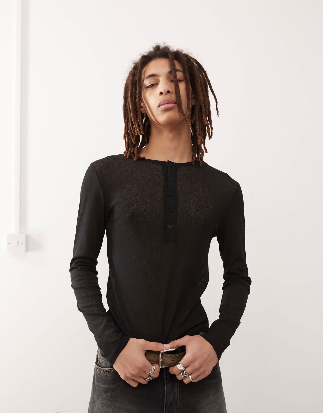 COLLUSION long sleeve henley top in tissue mesh black - ASOS Sample Sale EU Store