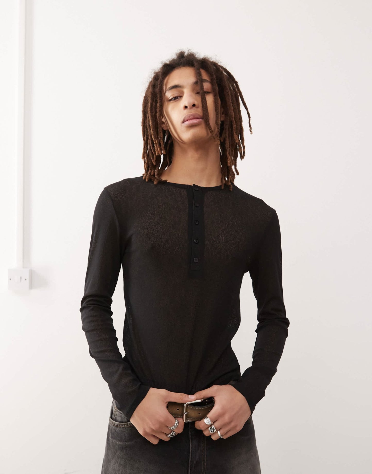 COLLUSION long sleeve henley top in tissue mesh black - ASOS Sample Sale EU Store