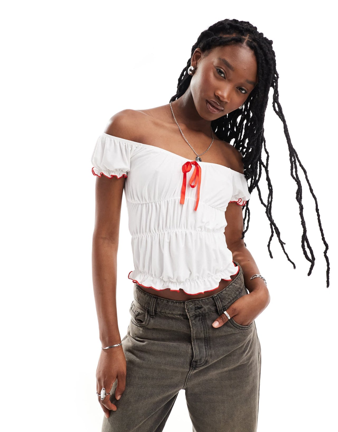COLLUSION off shoulder gathered top with bow detail in cream - ASOS Sample Sale EU Store