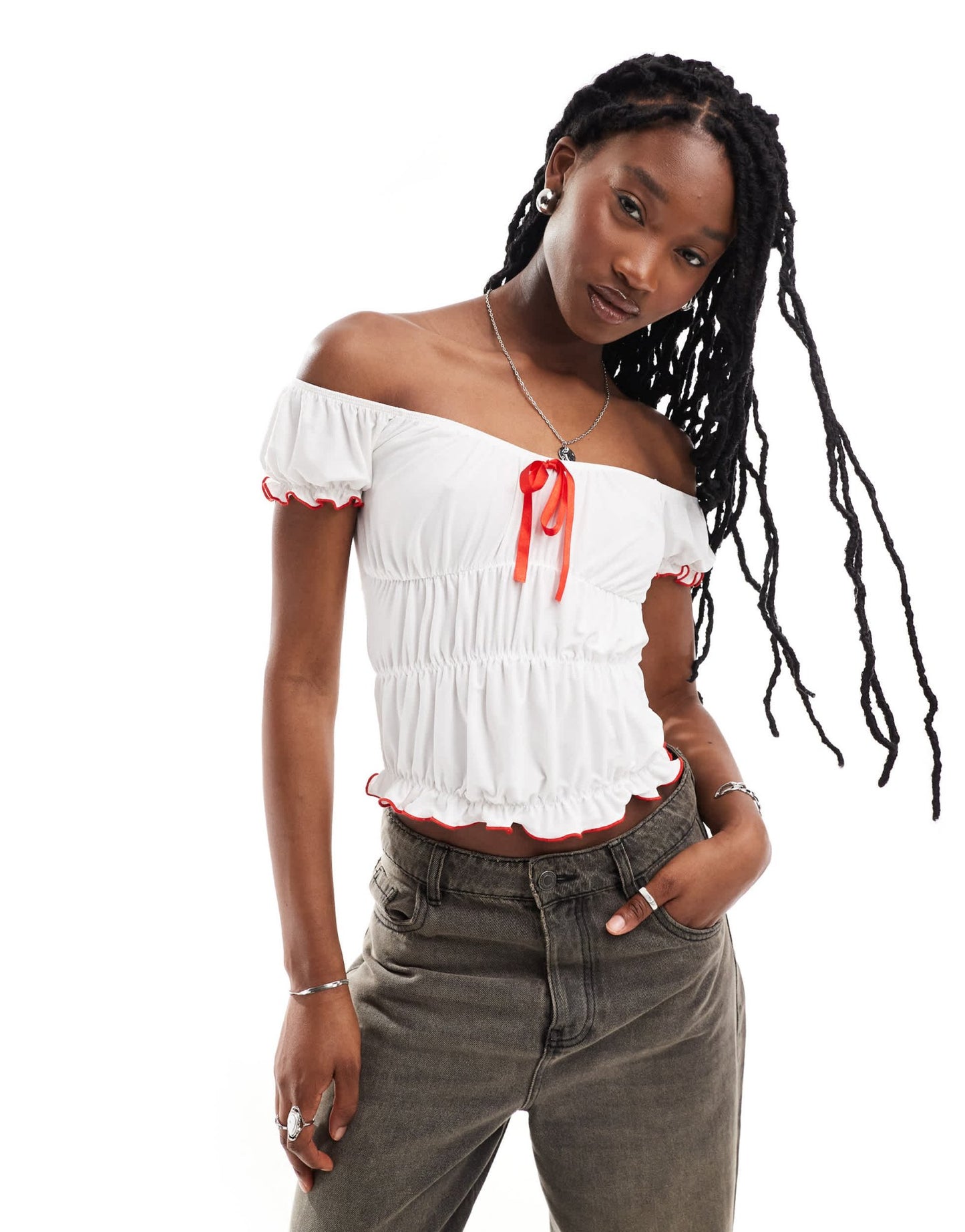 COLLUSION off shoulder gathered top with bow detail in cream - ASOS Sample Sale EU Store