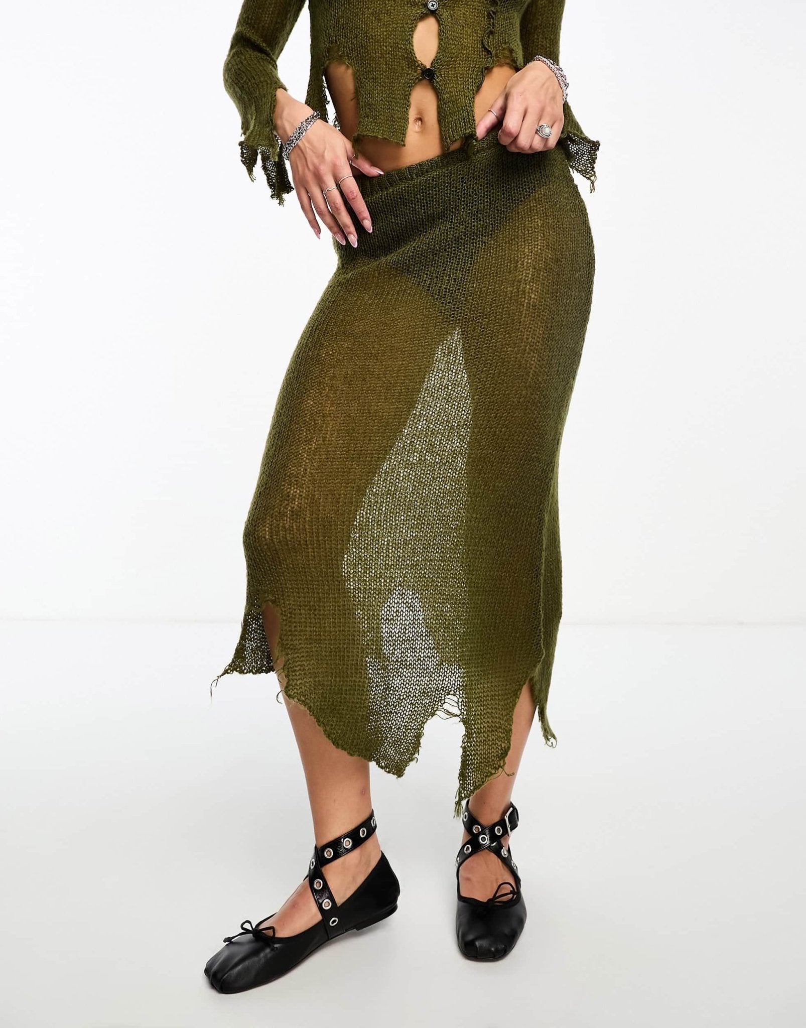 COLLUSION open stitch knitted midi skirt with asymetric hem co - ord in khaki - ASOS Sample Sale EU Store