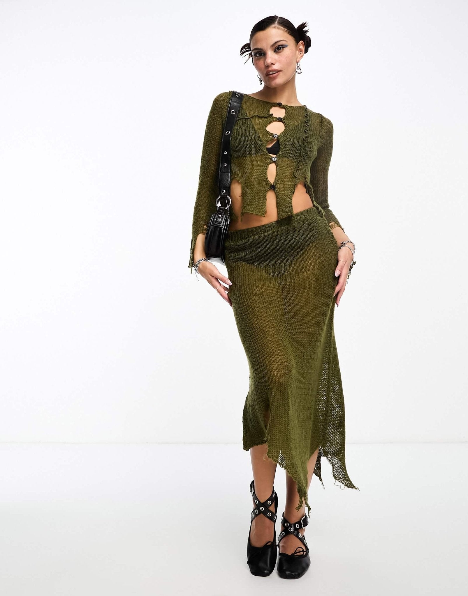 COLLUSION open stitch knitted midi skirt with asymetric hem co - ord in khaki - ASOS Sample Sale EU Store