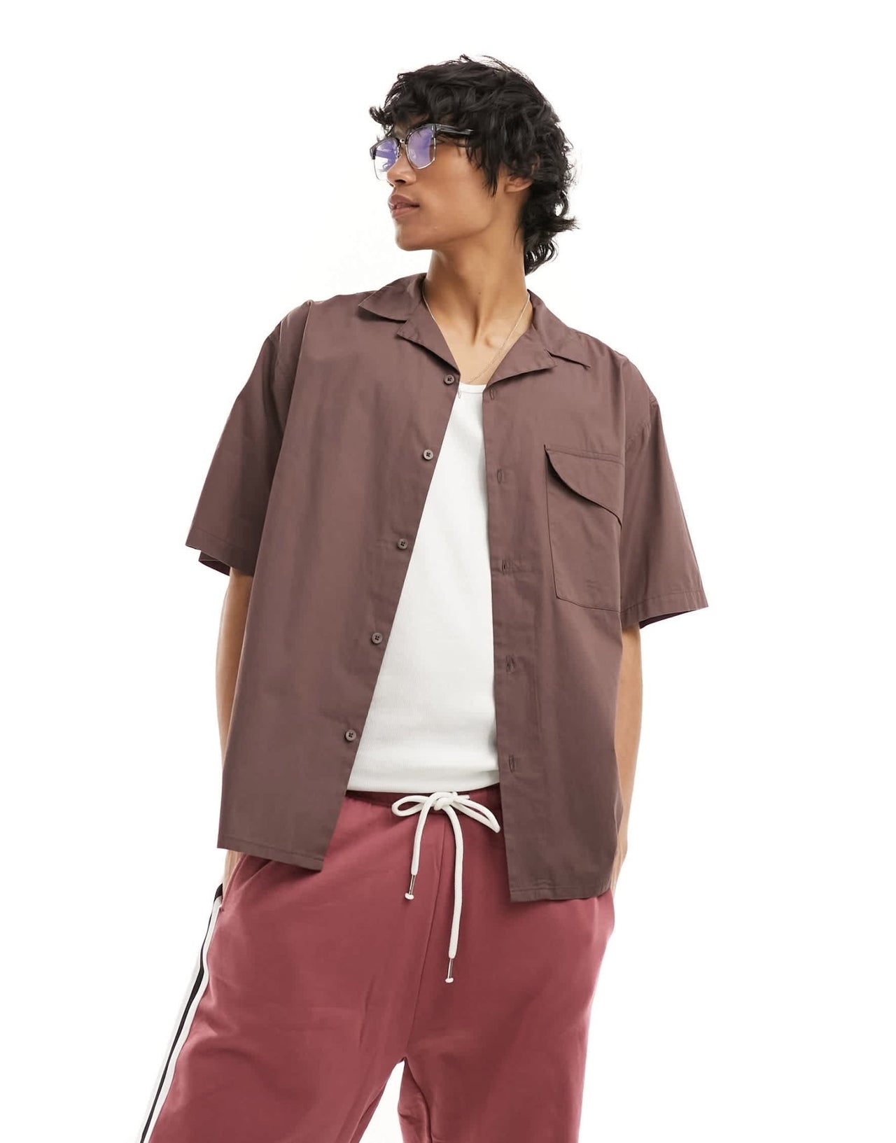 COLLUSION oversized poplin revere short sleeve shirt in brown - ASOS Sample Sale EU Store