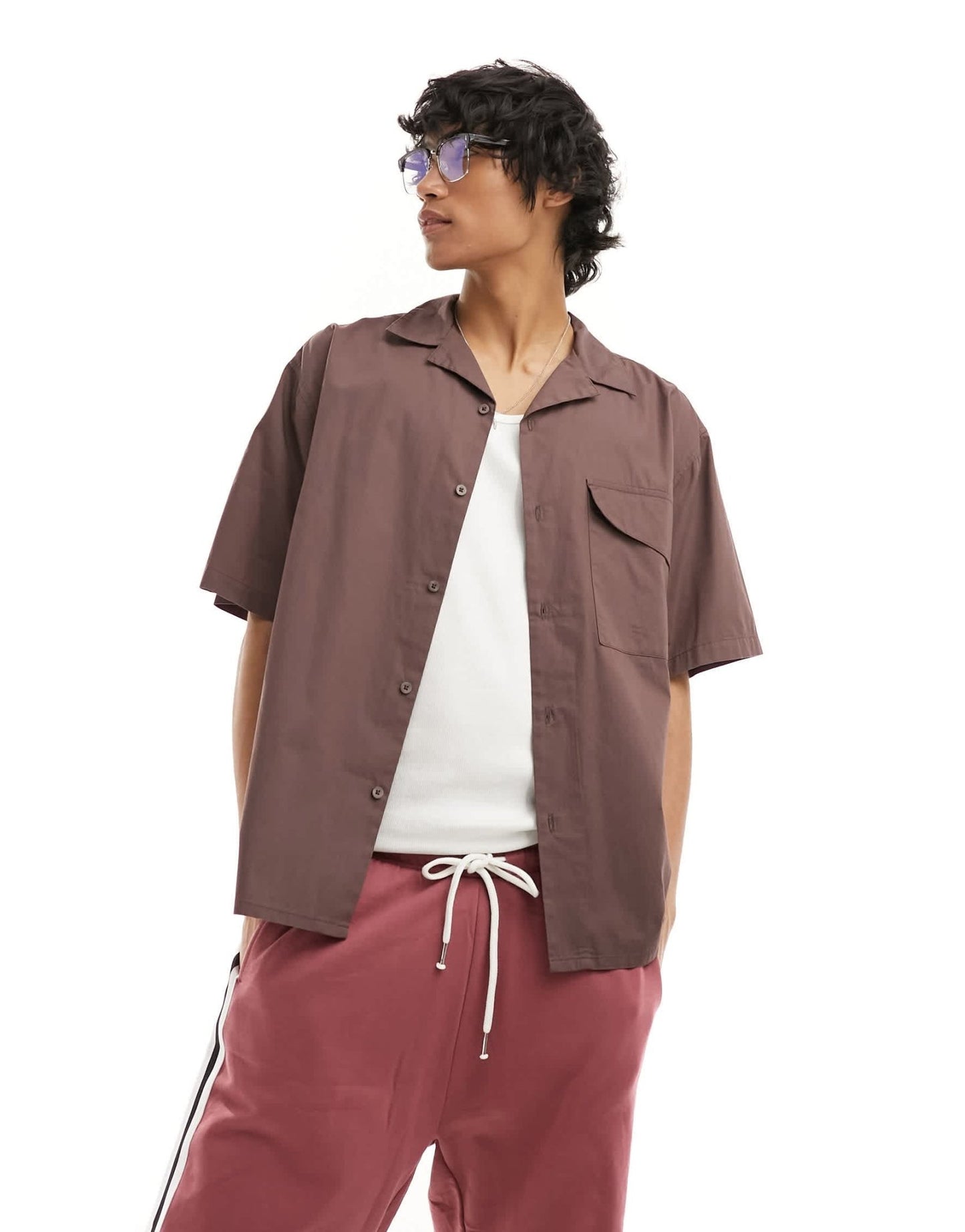 COLLUSION oversized poplin revere short sleeve shirt in brown - ASOS Sample Sale EU Store