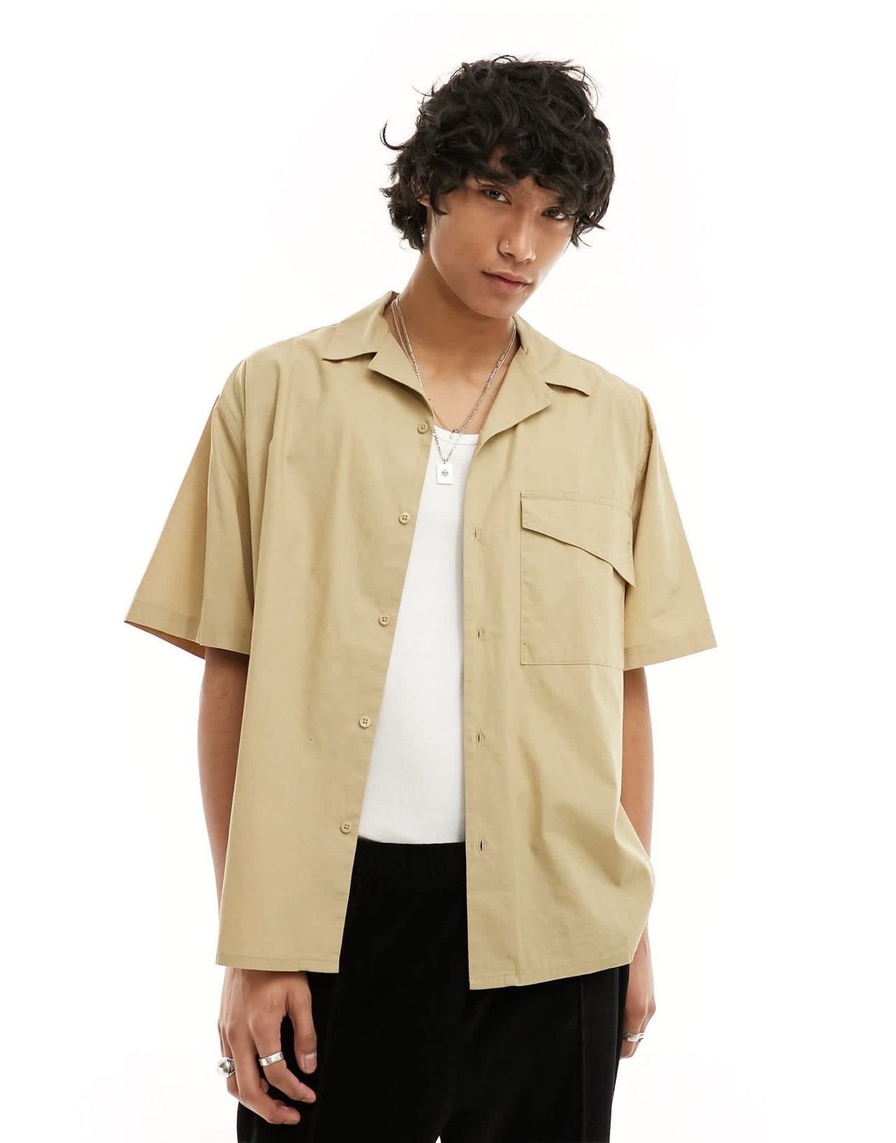 COLLUSION oversized poplin revere short sleeve shirt in khaki - ASOS Sample Sale EU Store