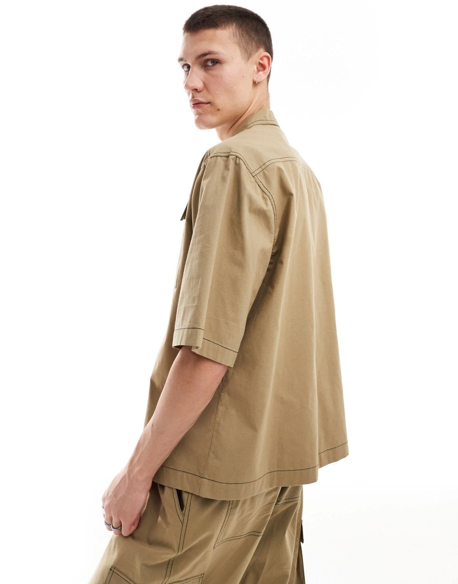 COLLUSION ripstop boxy revere shirt with contrast stitch co - ord in khaki - ASOS Sample Sale EU Store