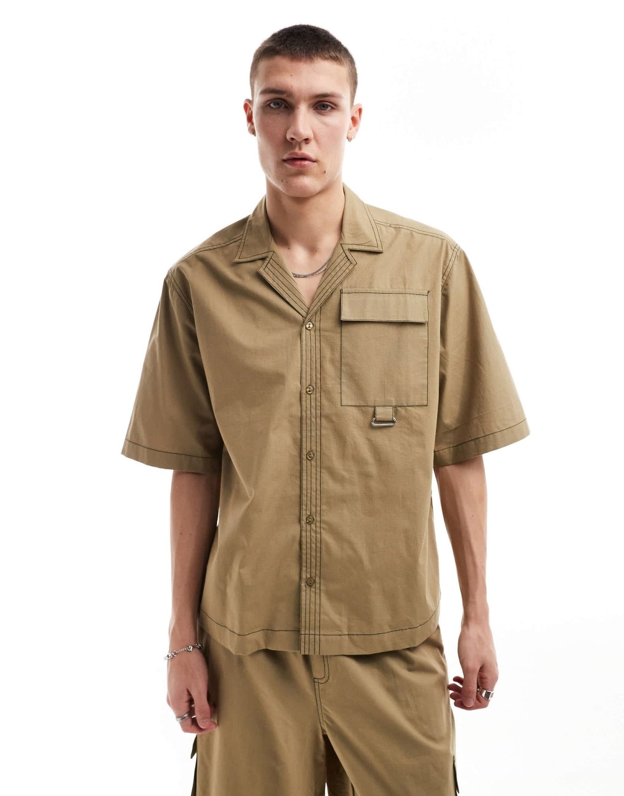 COLLUSION ripstop boxy revere shirt with contrast stitch co - ord in khaki - ASOS Sample Sale EU Store