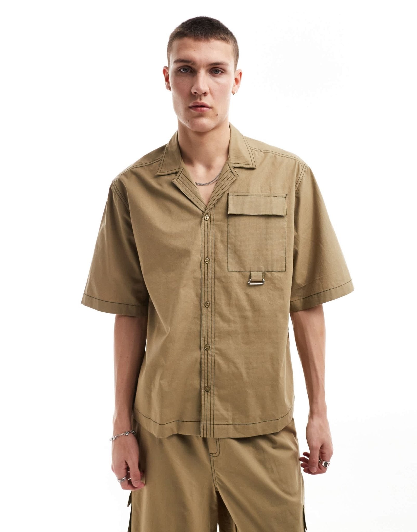 COLLUSION ripstop boxy revere shirt with contrast stitch co - ord in khaki - ASOS Sample Sale EU Store