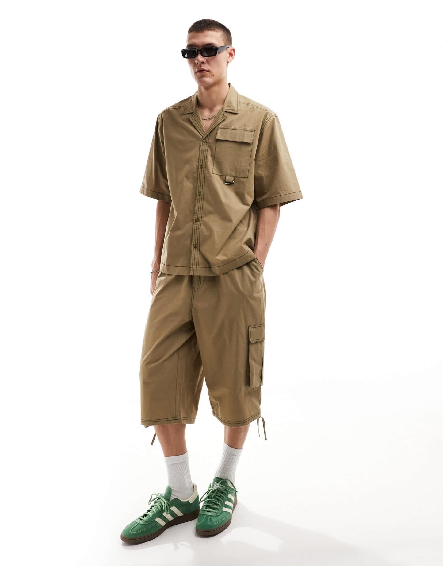 COLLUSION ripstop boxy revere shirt with contrast stitch co - ord in khaki - ASOS Sample Sale EU Store