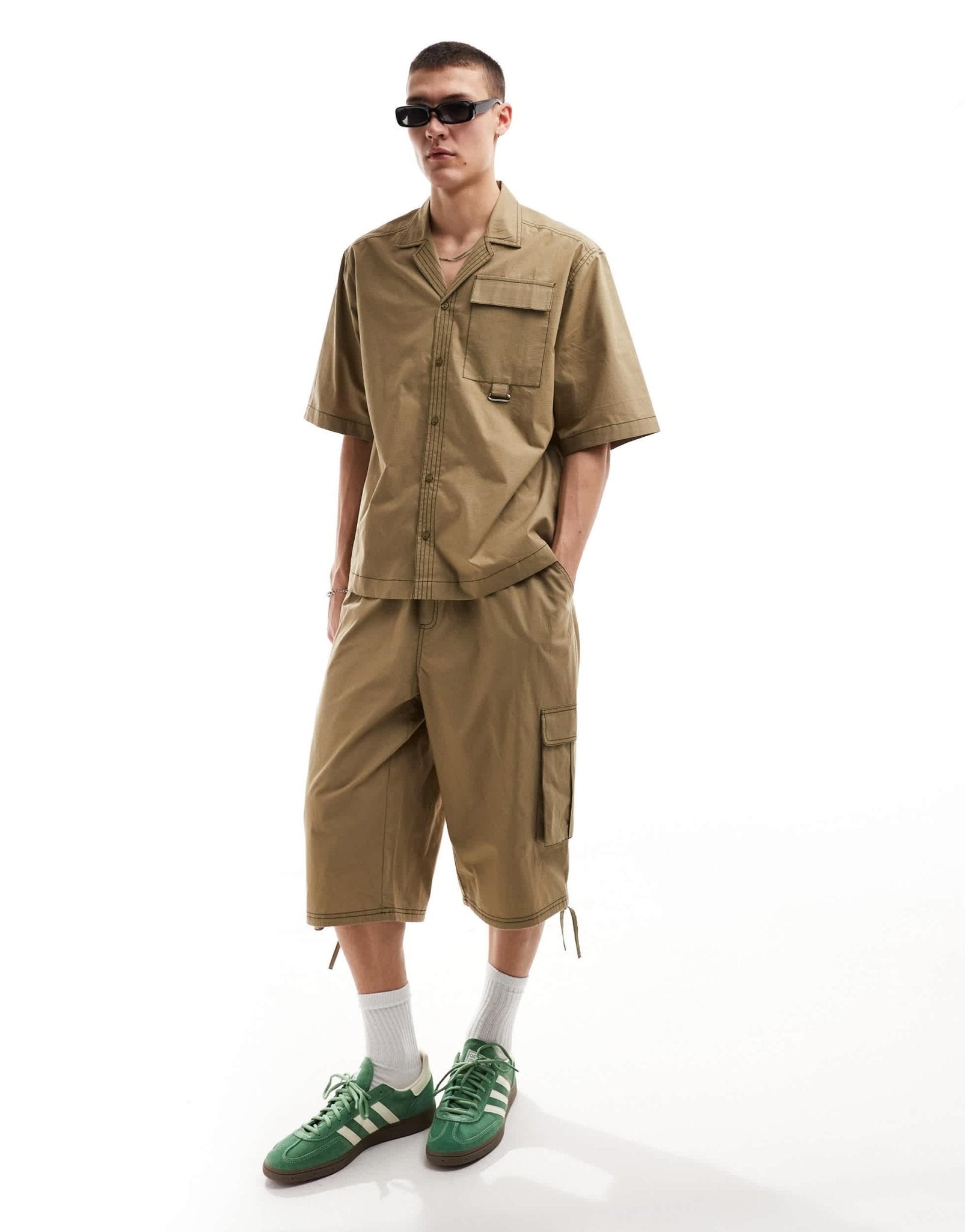 COLLUSION ripstop boxy revere shirt with contrast stitch co - ord in khaki - ASOS Sample Sale EU Store