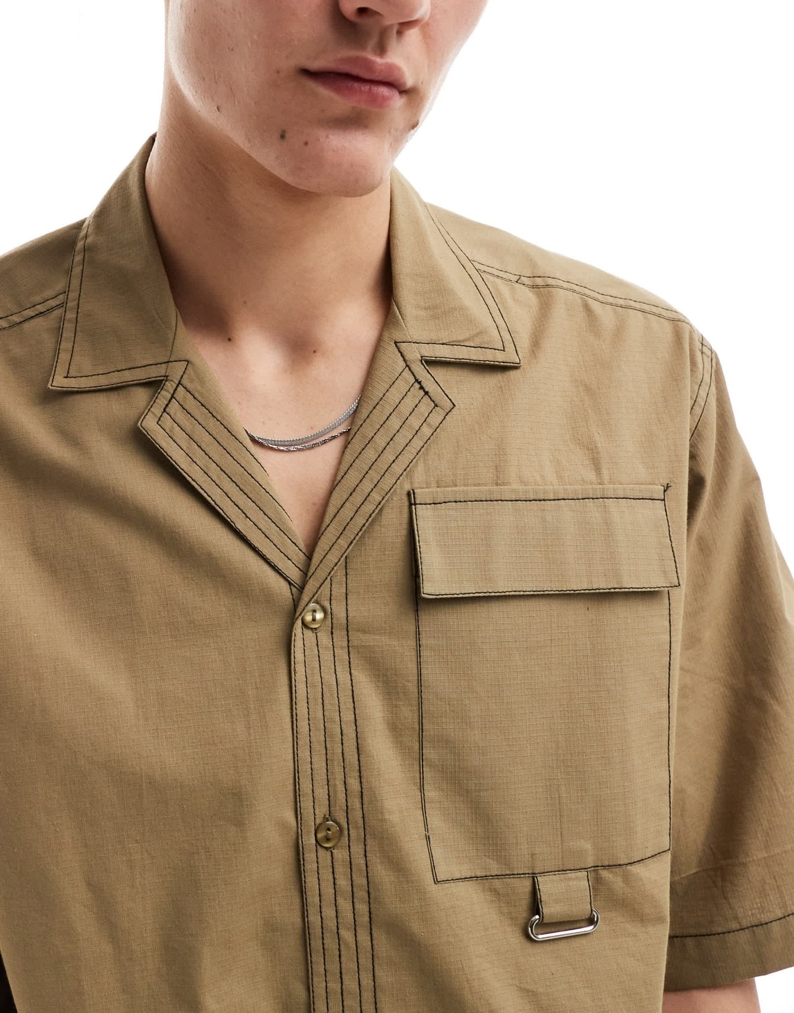 COLLUSION ripstop boxy revere shirt with contrast stitch co - ord in khaki - ASOS Sample Sale EU Store