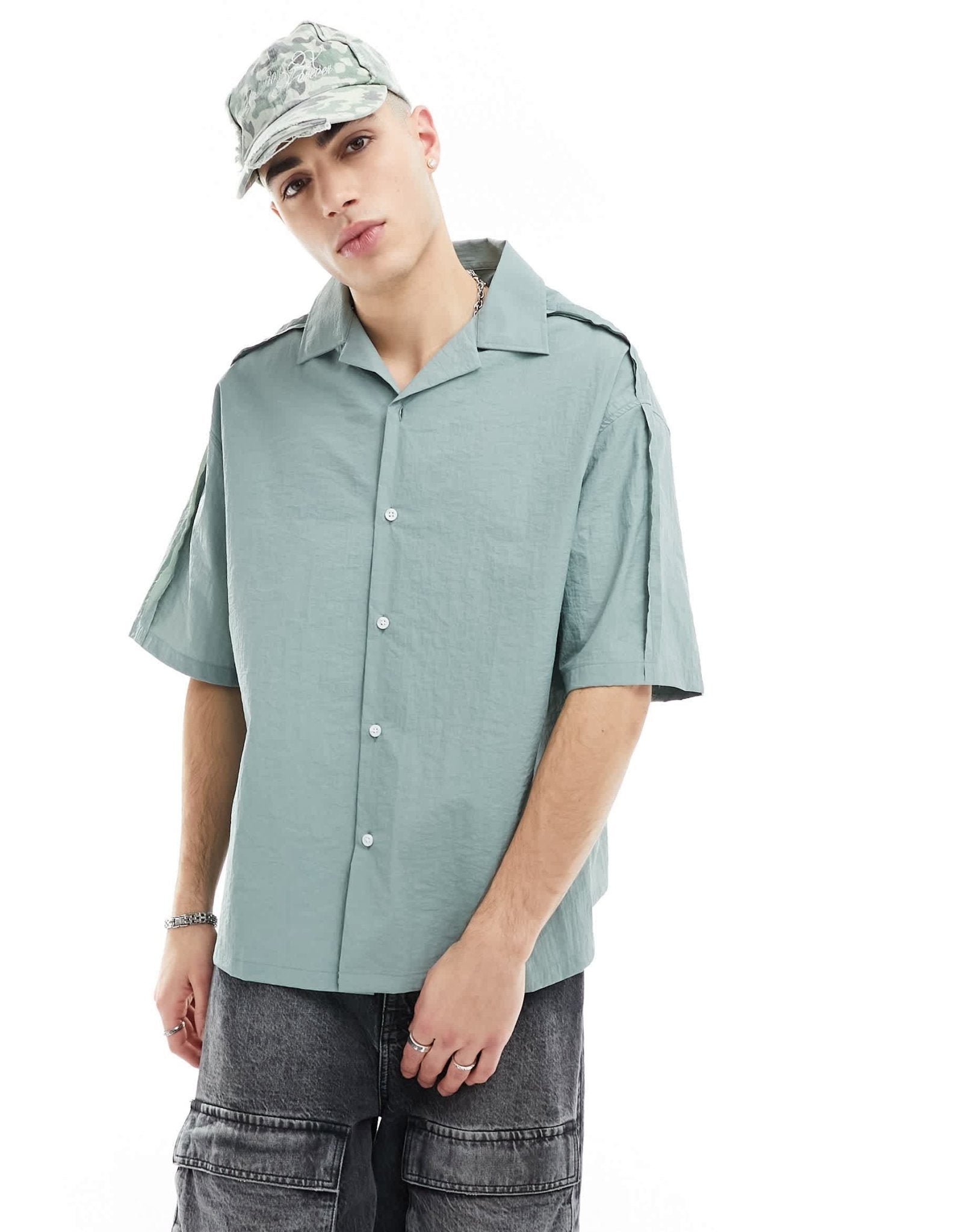 COLLUSION techy short sleeve revere shirt with raw seam detail in blue - ASOS Sample Sale EU Store