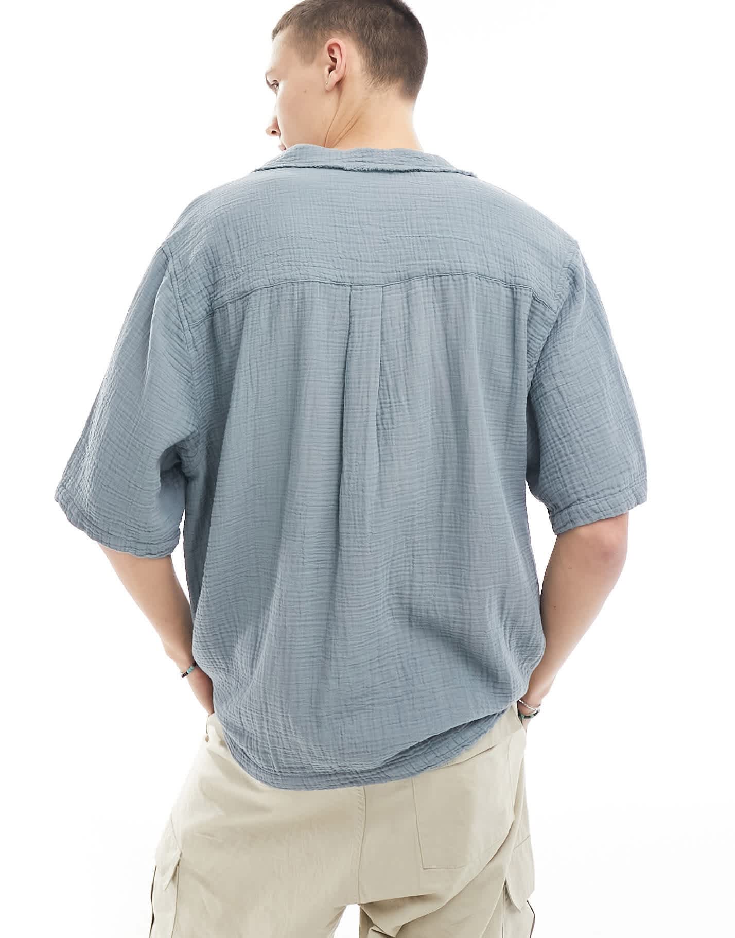 COLLUSION textured oversized revere short sleeve shirt with raw seam detail in slate blue - ASOS Sample Sale EU Store