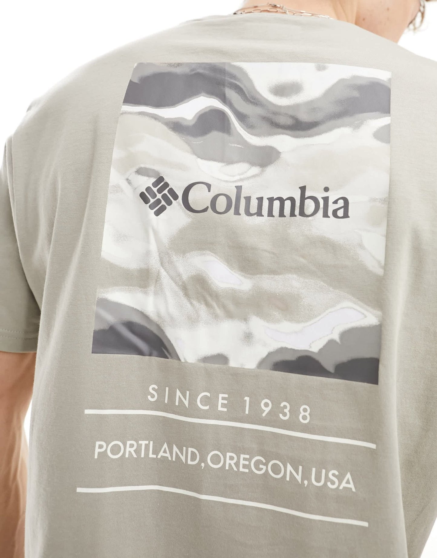 Columbia Barton Springs pattern back print t-shirt in grey Exclusive at ASOS - ASOS Sample Sale EU Store