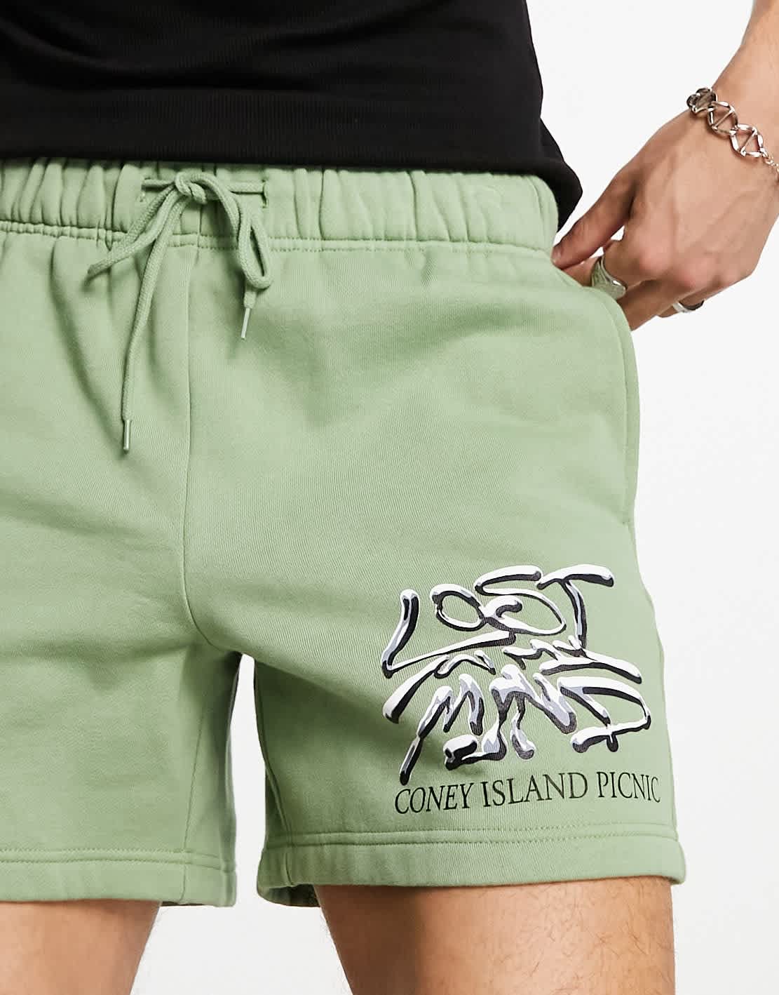 Coney Island Picnic co - ord jersey shorts in green with lost mind print - ASOS Sample Sale EU Store