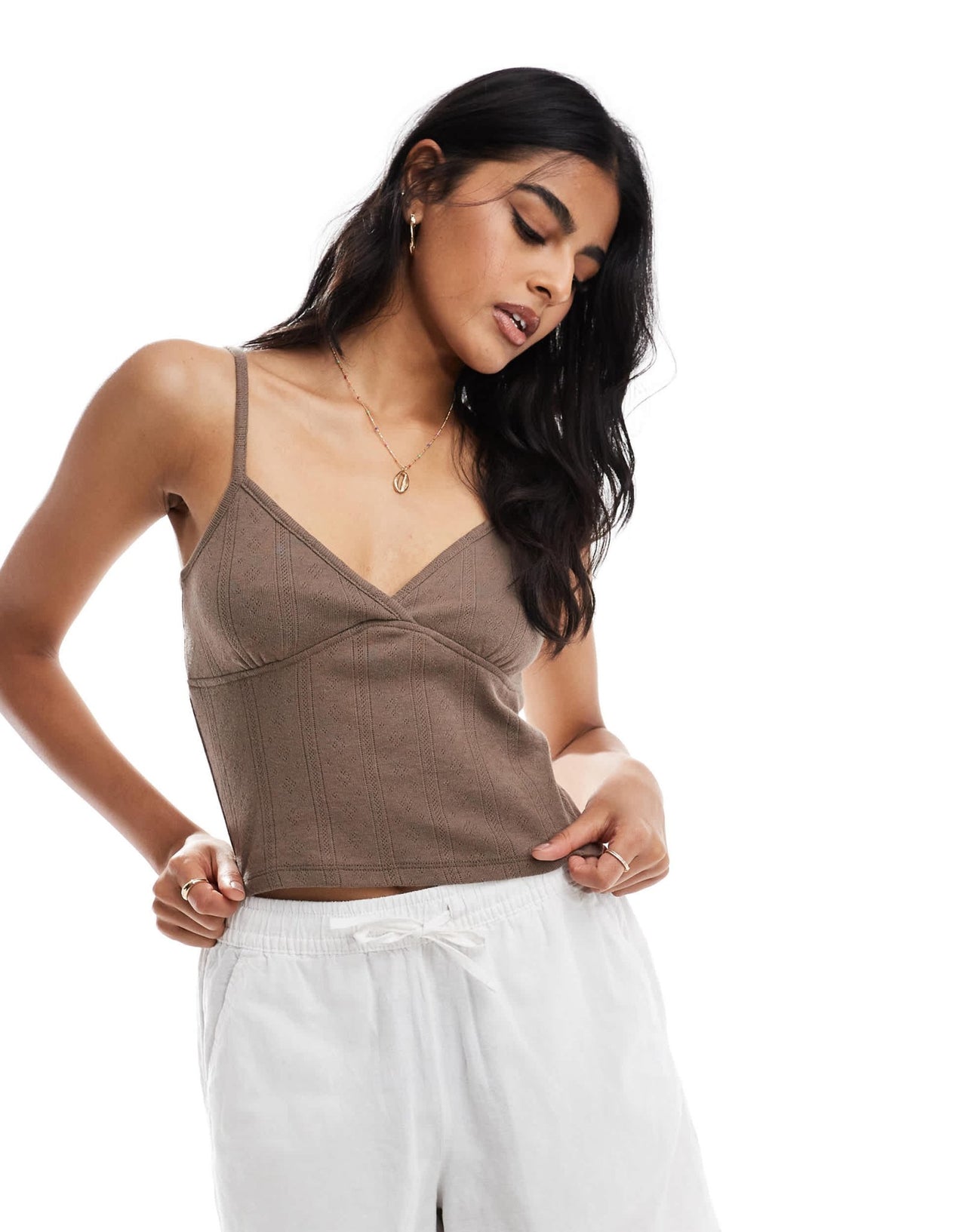 Cotton On cami v neck crop top in brown with bow - ASOS Sample Sale EU Store