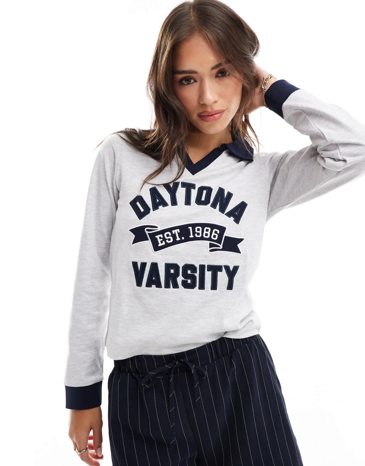 Cotton On Daytona Varsity graphic polo shirt in grey marle - ASOS Sample Sale EU Store