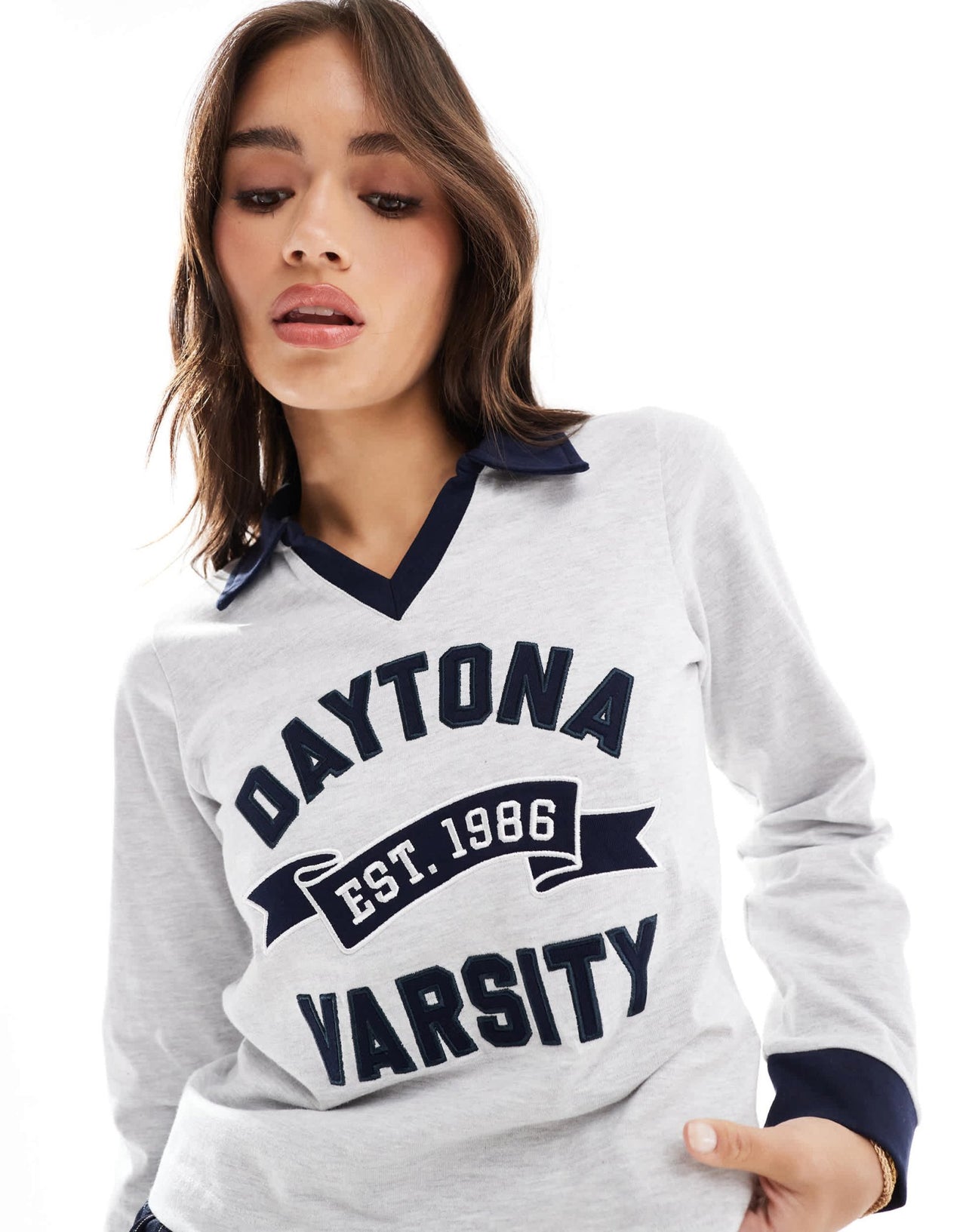 Cotton On Daytona Varsity graphic polo shirt in grey marle - ASOS Sample Sale EU Store