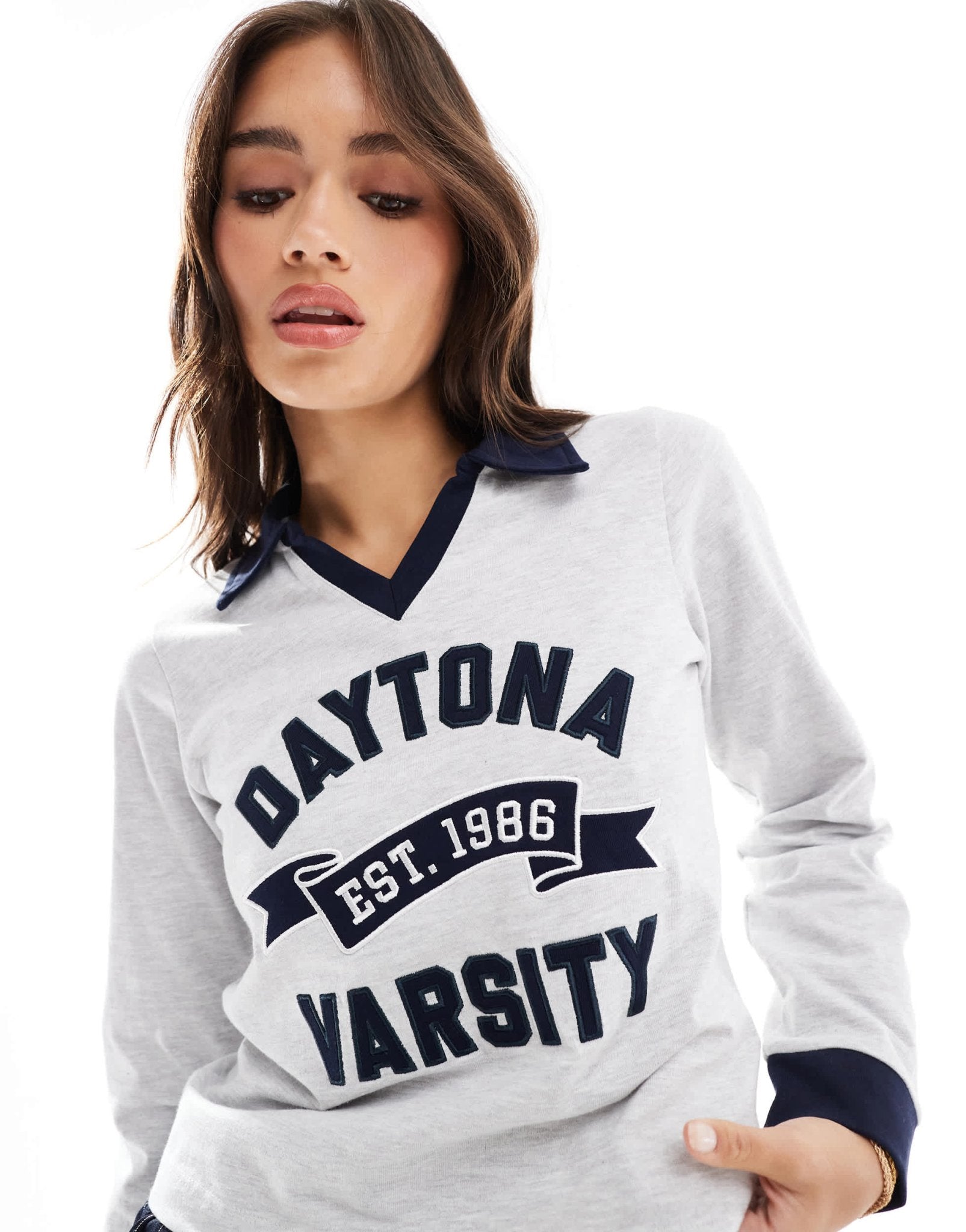Cotton On Daytona Varsity graphic polo shirt in grey marle - ASOS Sample Sale EU Store