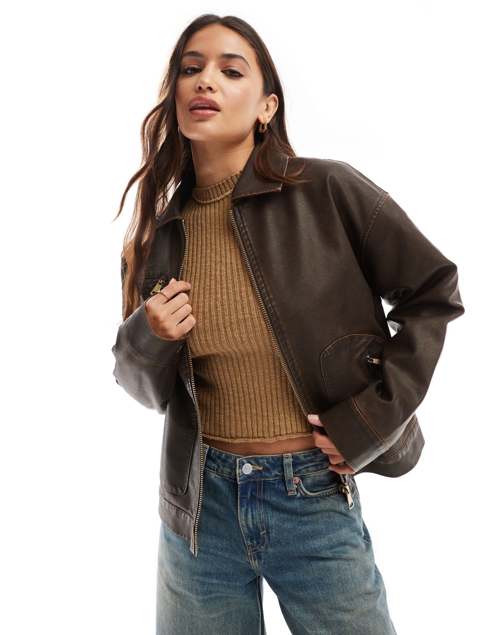 Cotton On leo faux leather jacket in washed brown - ASOS Sample Sale EU Store