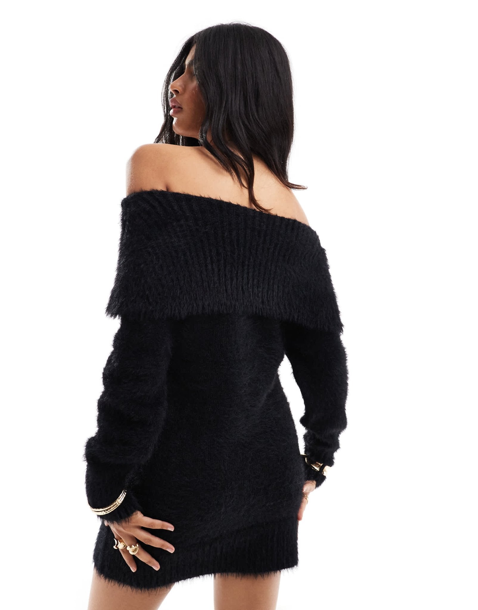Cotton On off shoulder fluffy mini dress in black - ASOS Sample Sale EU Store