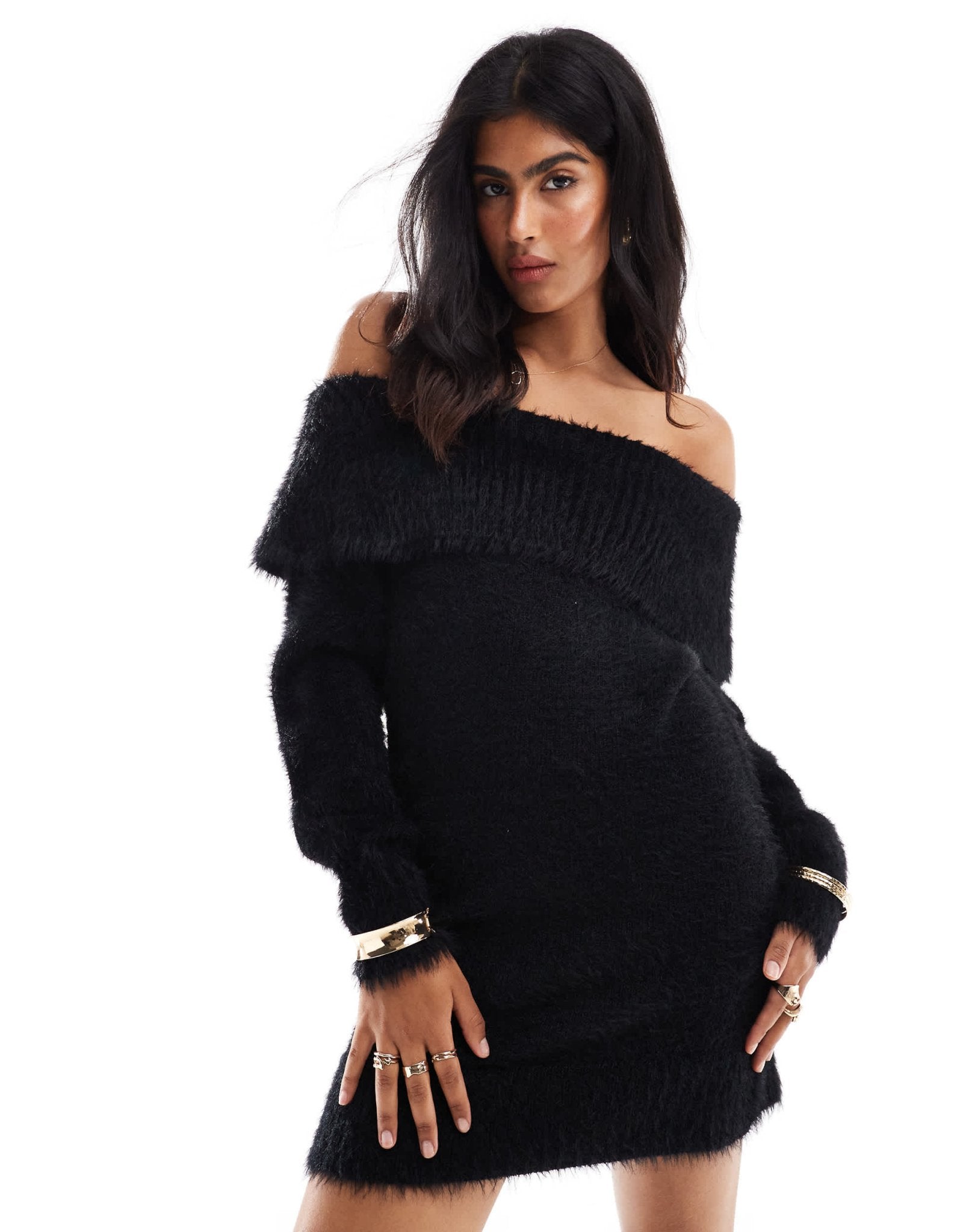 Cotton On off shoulder fluffy mini dress in black - ASOS Sample Sale EU Store