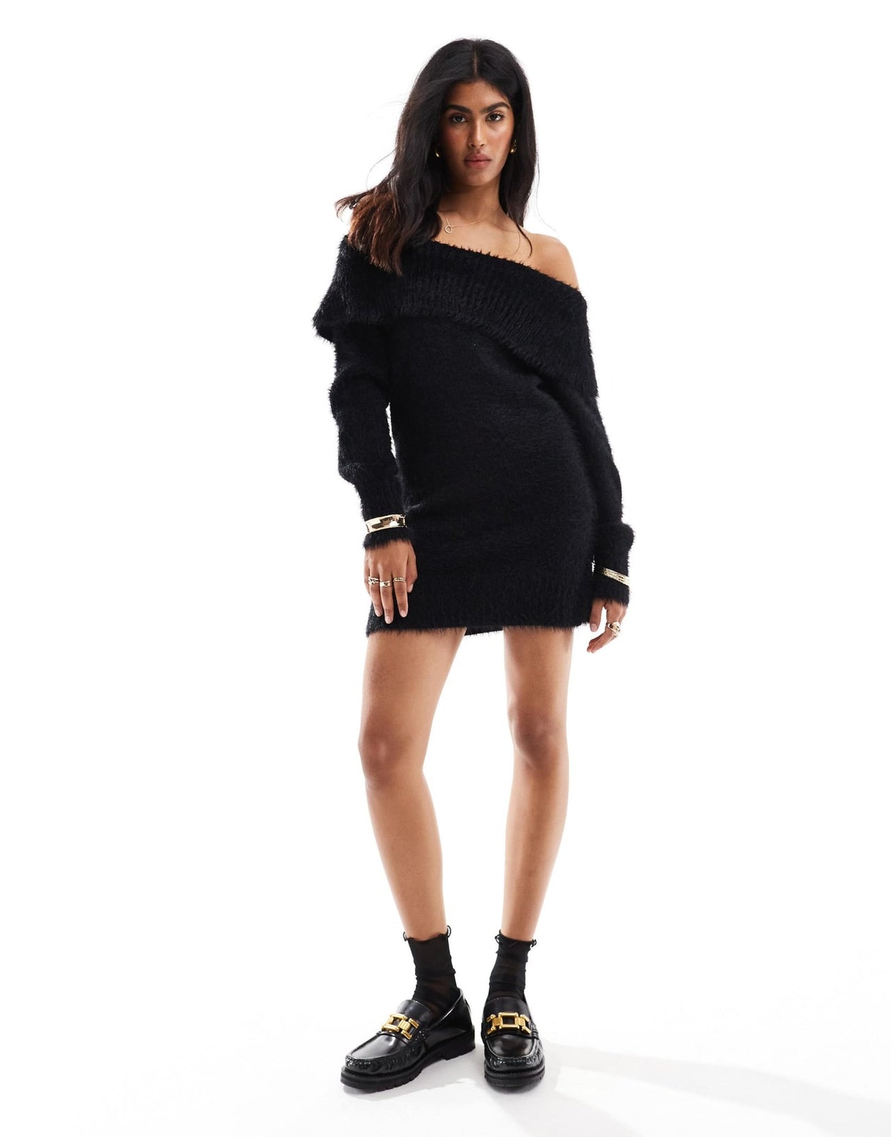 Cotton On off shoulder fluffy mini dress in black - ASOS Sample Sale EU Store