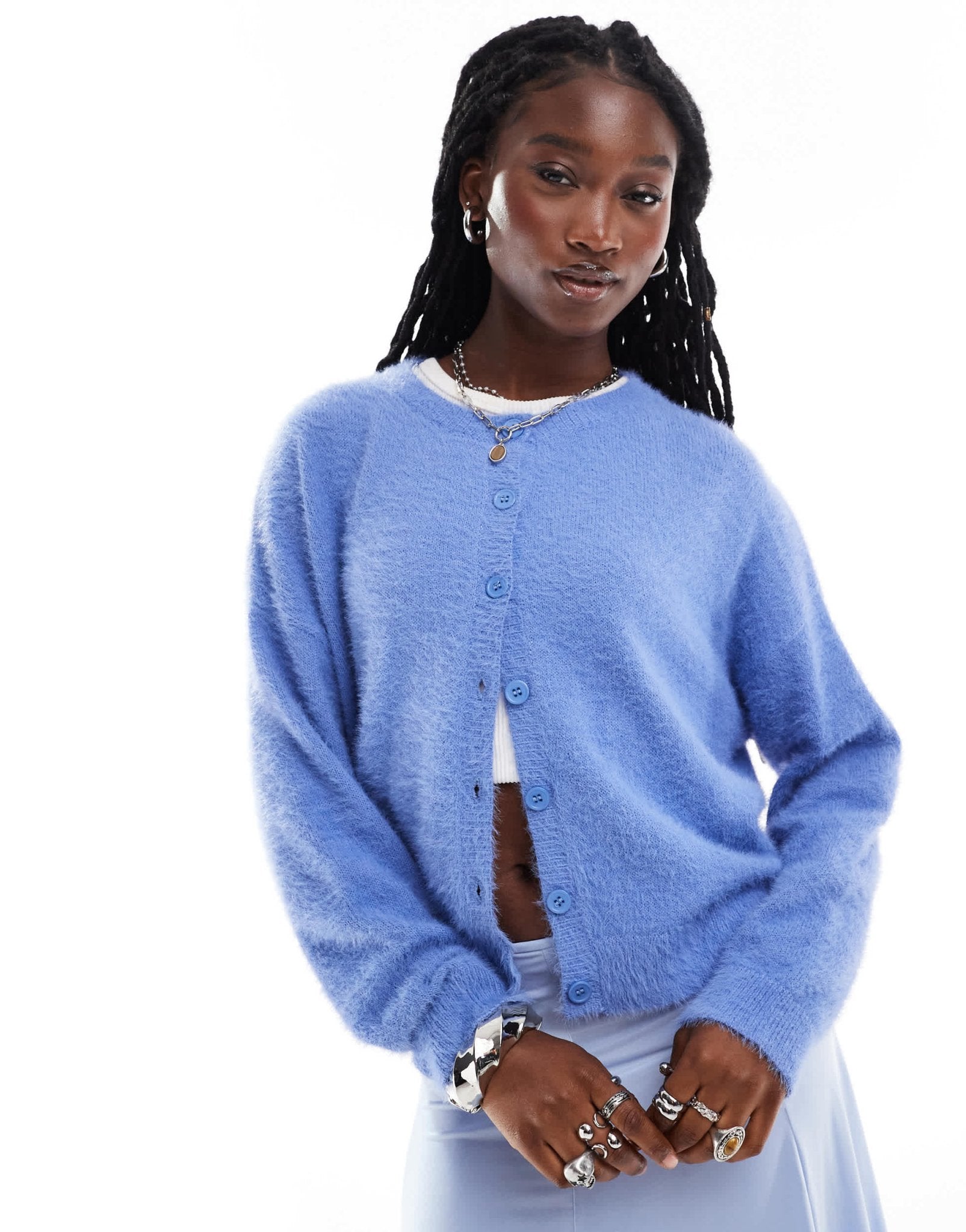 Daisy Street blue fluffyeyelash knit boxy crew neck cardigan - ASOS Sample Sale EU Store