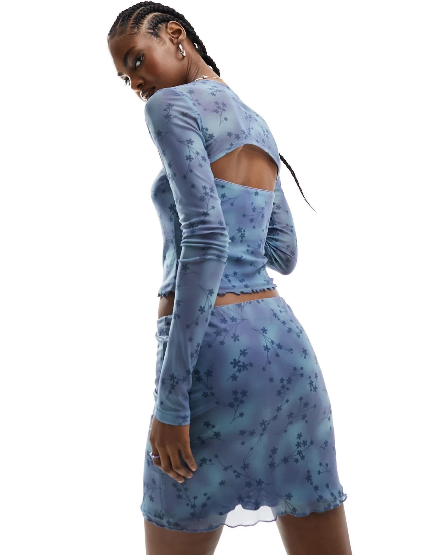 Daisy Street bow detail bandeau top with shrug in blue floral mesh co - ord - ASOS Sample Sale EU Store