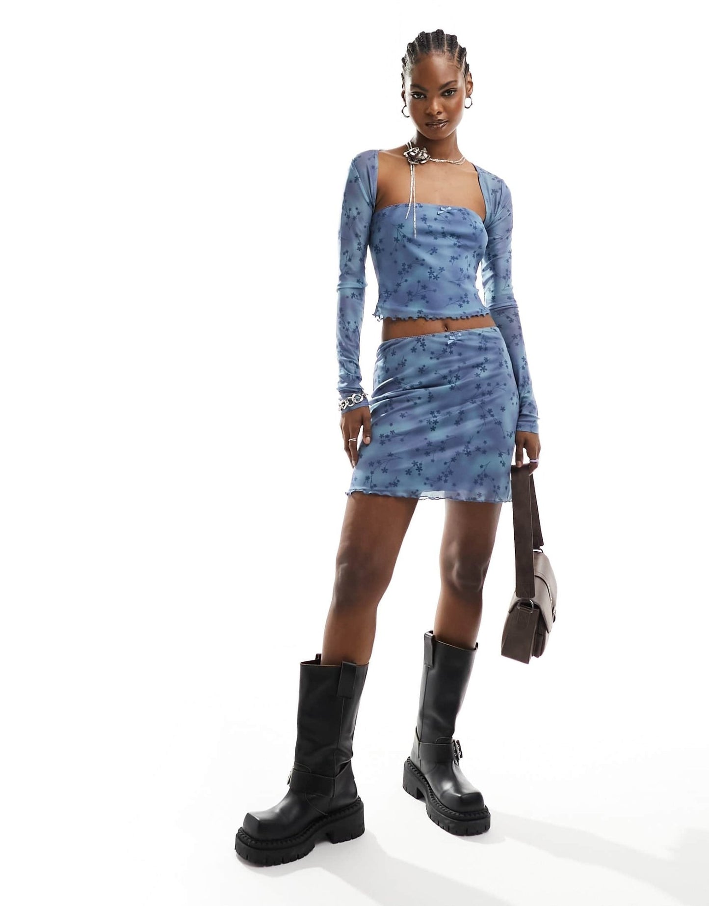 Daisy Street bow detail mini skirt in blue floral mesh co - ord - ASOS Sample Sale EU Store