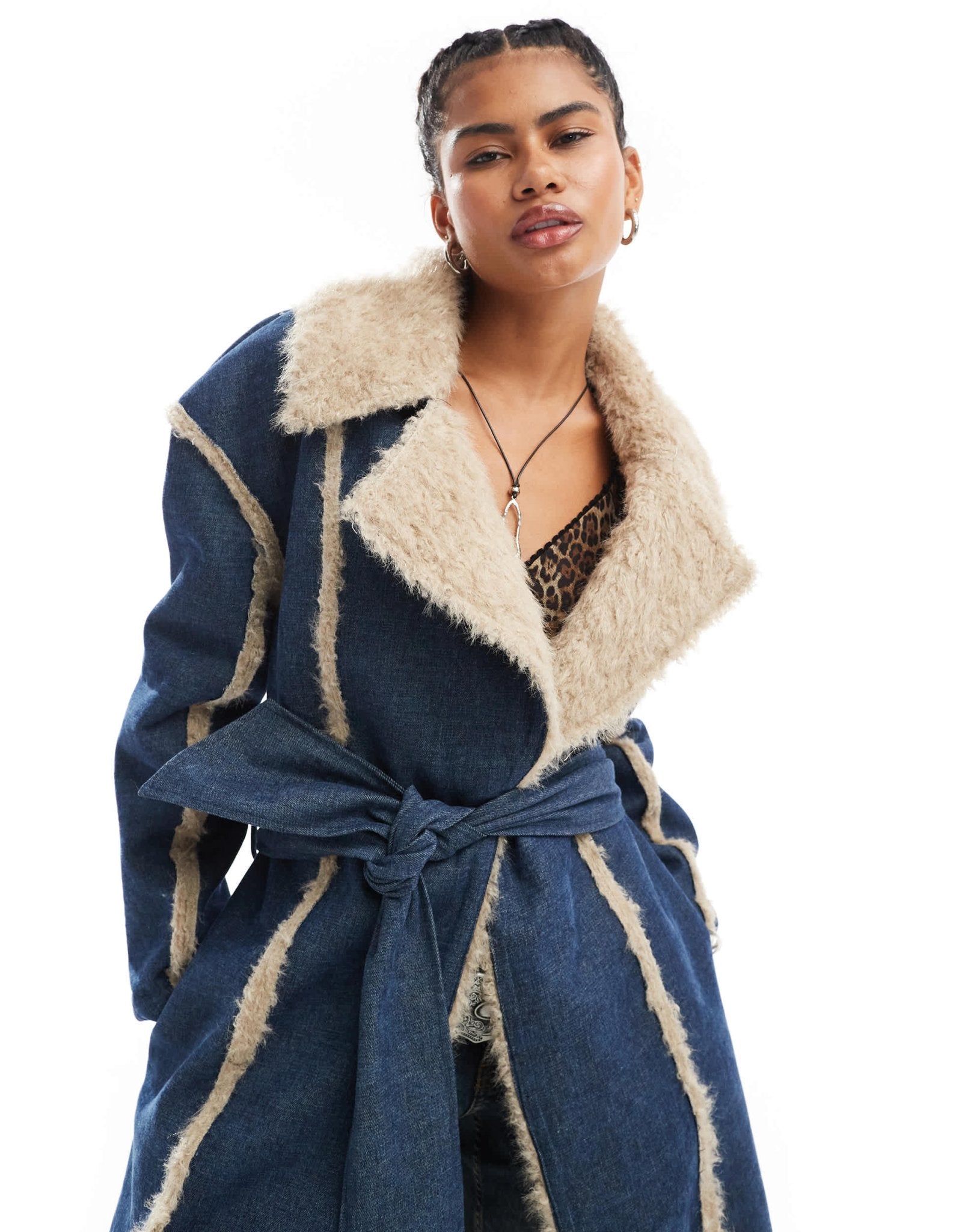 Daisy Street denim trench coat with frayed edges and faux fur trim - ASOS Sample Sale EU Store