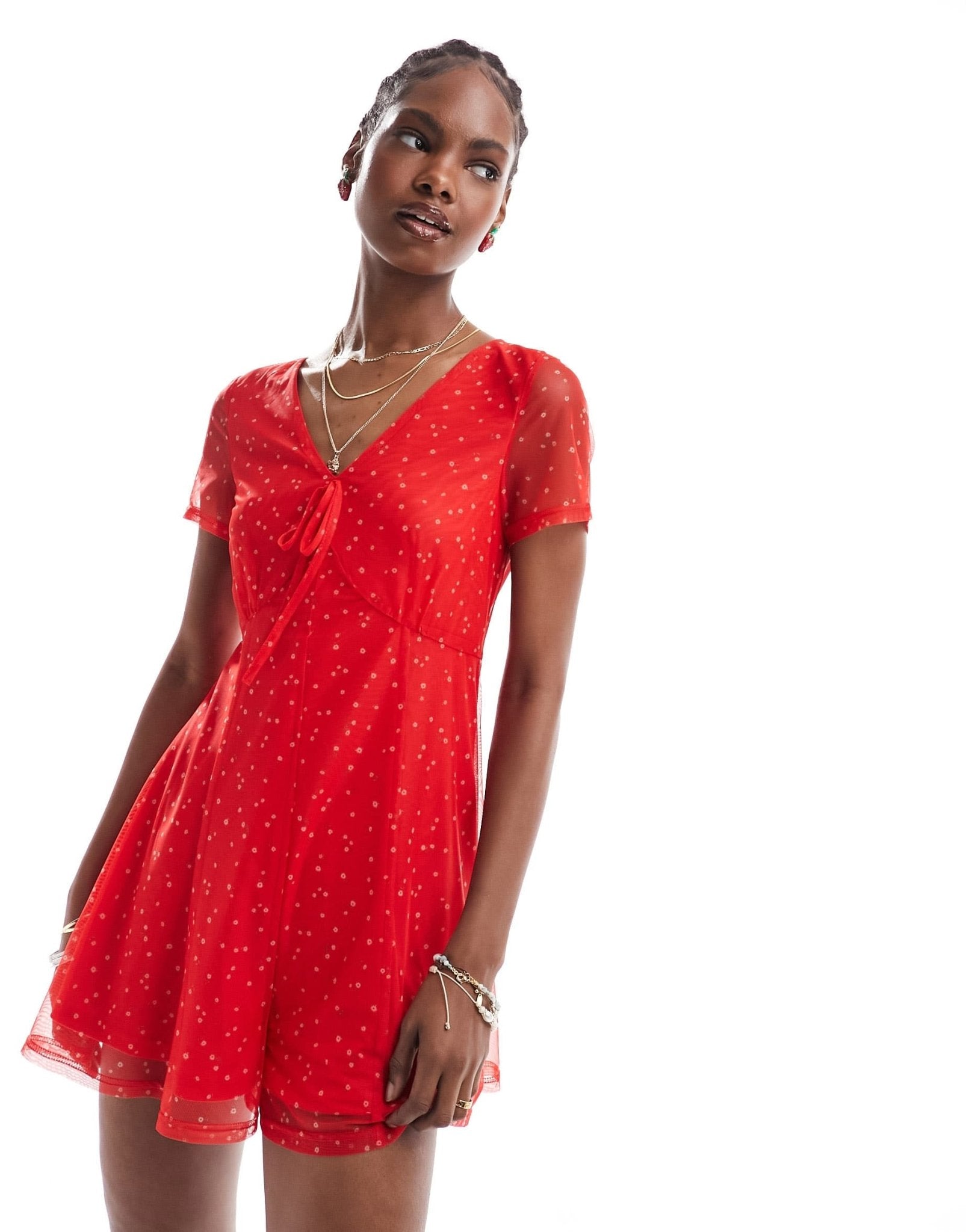 Daisy Street printed mesh flippy playsuit in red - ASOS Sample Sale EU Store