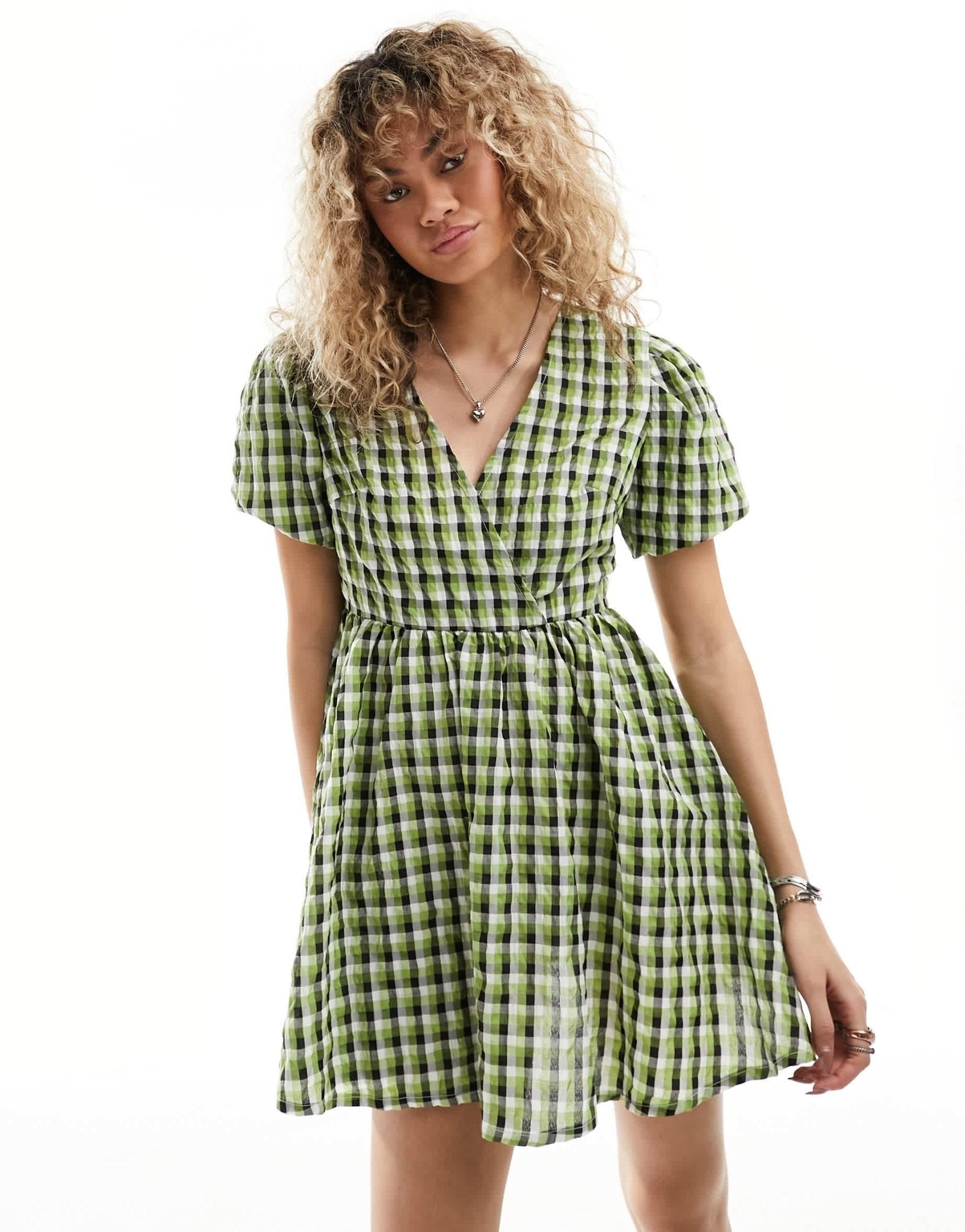 Daisy Street wrap front smock dress in textured green check - ASOS Sample Sale EU Store