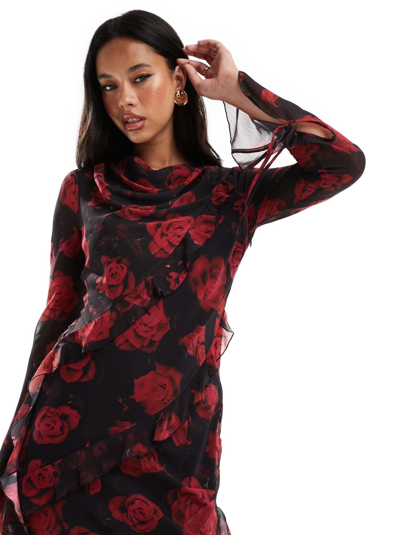 Daska chiffon maxi dress with frill detail in red floral print - ASOS Sample Sale EU Store