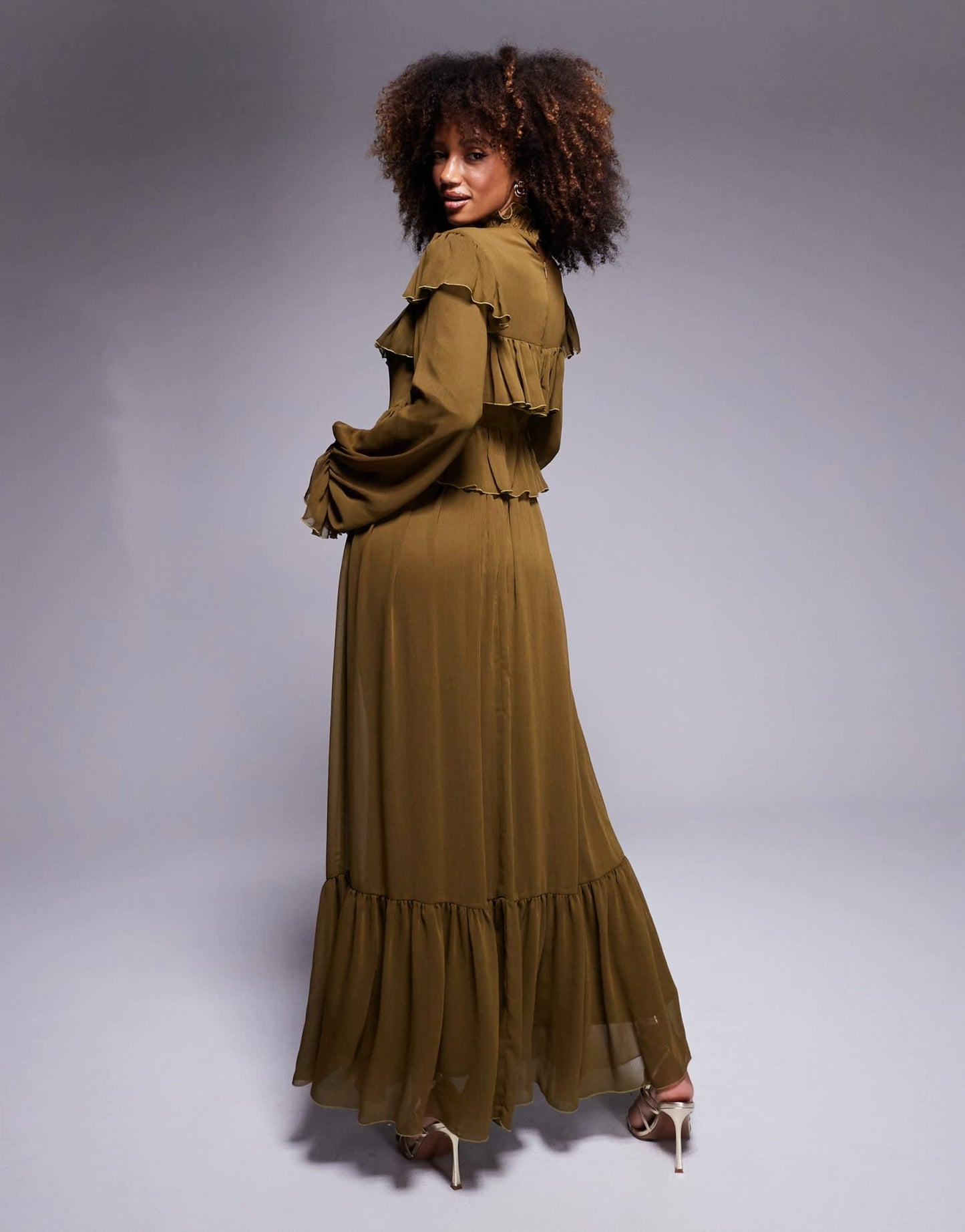 Daska high neck chiffon ruffle maxi dress in olive - ASOS Sample Sale EU Store