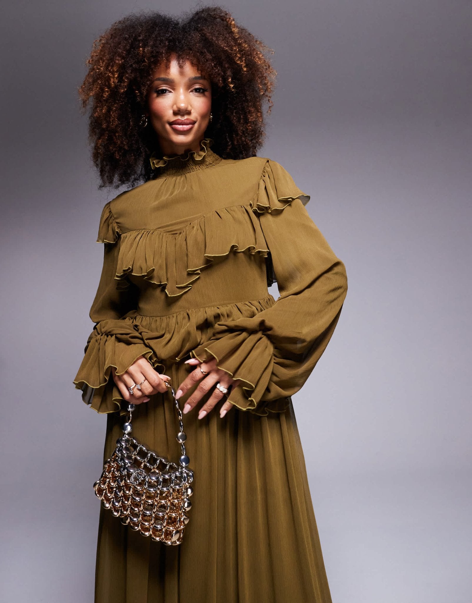 Daska high neck chiffon ruffle maxi dress in olive - ASOS Sample Sale EU Store