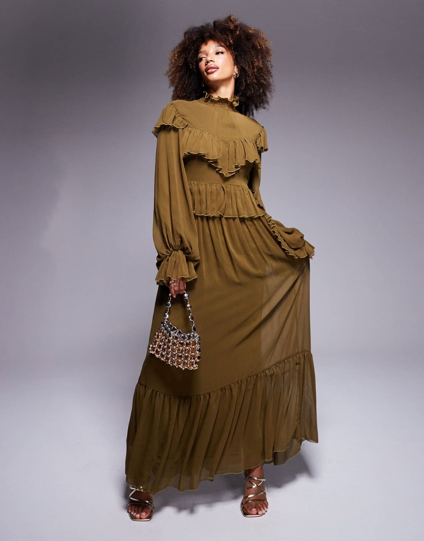 Daska high neck chiffon ruffle maxi dress in olive - ASOS Sample Sale EU Store