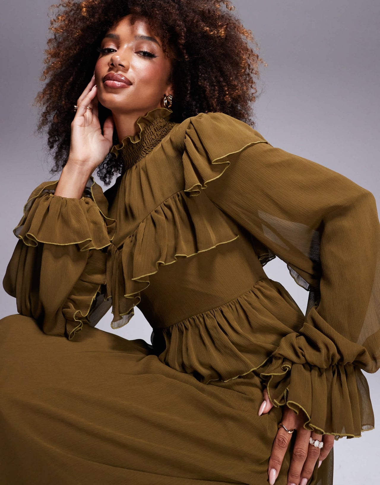 Daska high neck chiffon ruffle maxi dress in olive - ASOS Sample Sale EU Store
