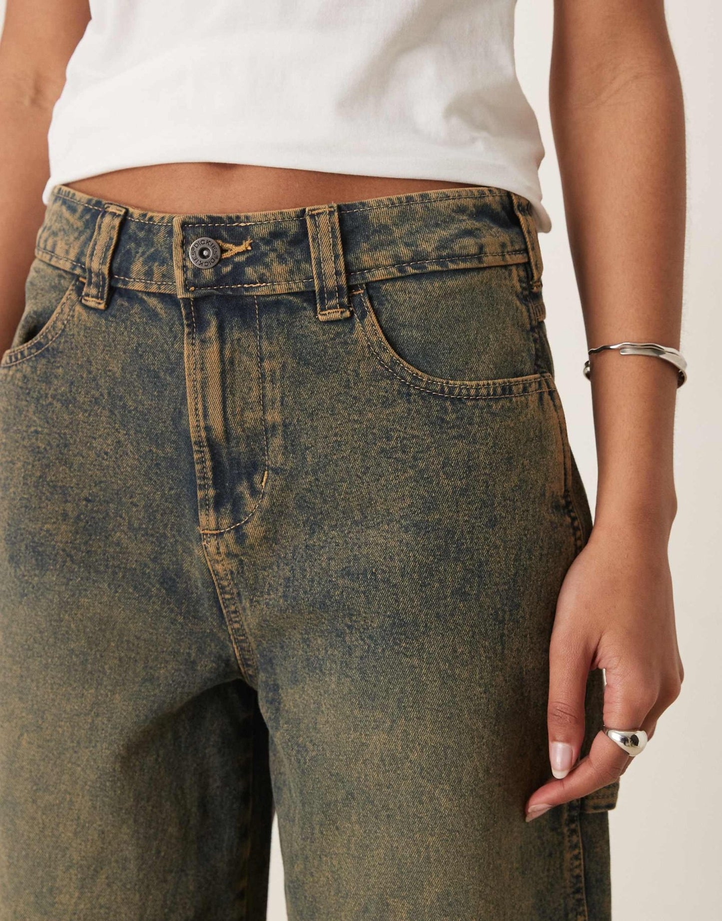 Dickies denim carpenter jorts in indigo with yellow fade - ASOS Sample Sale EU Store