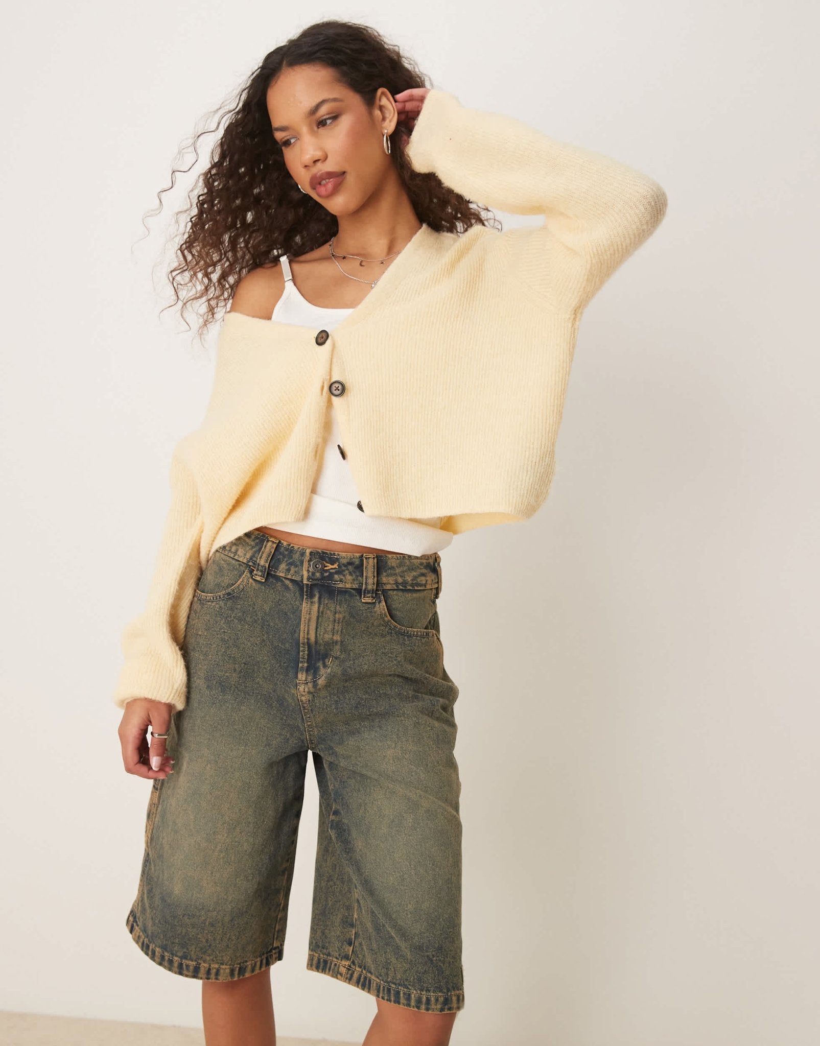 Dickies denim carpenter jorts in indigo with yellow fade - ASOS Sample Sale EU Store