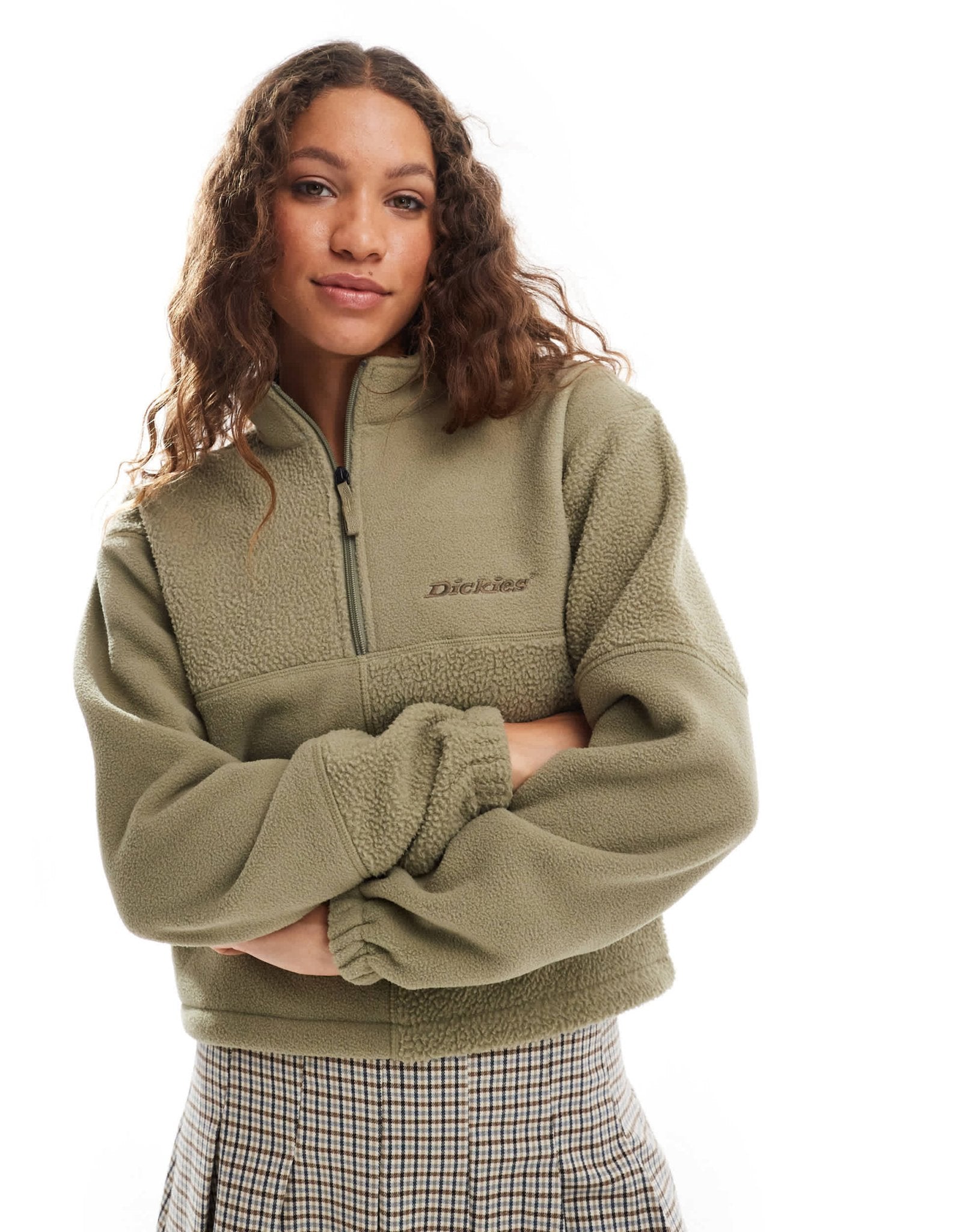 Dickies polar and sherpa fleece with quarter zip in khaki green - ASOS Sample Sale EU Store