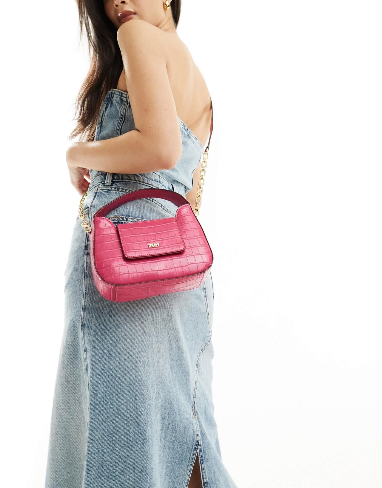 DKNY Arden top handle bag with cross body strap in pink croc - ASOS Sample Sale EU Store