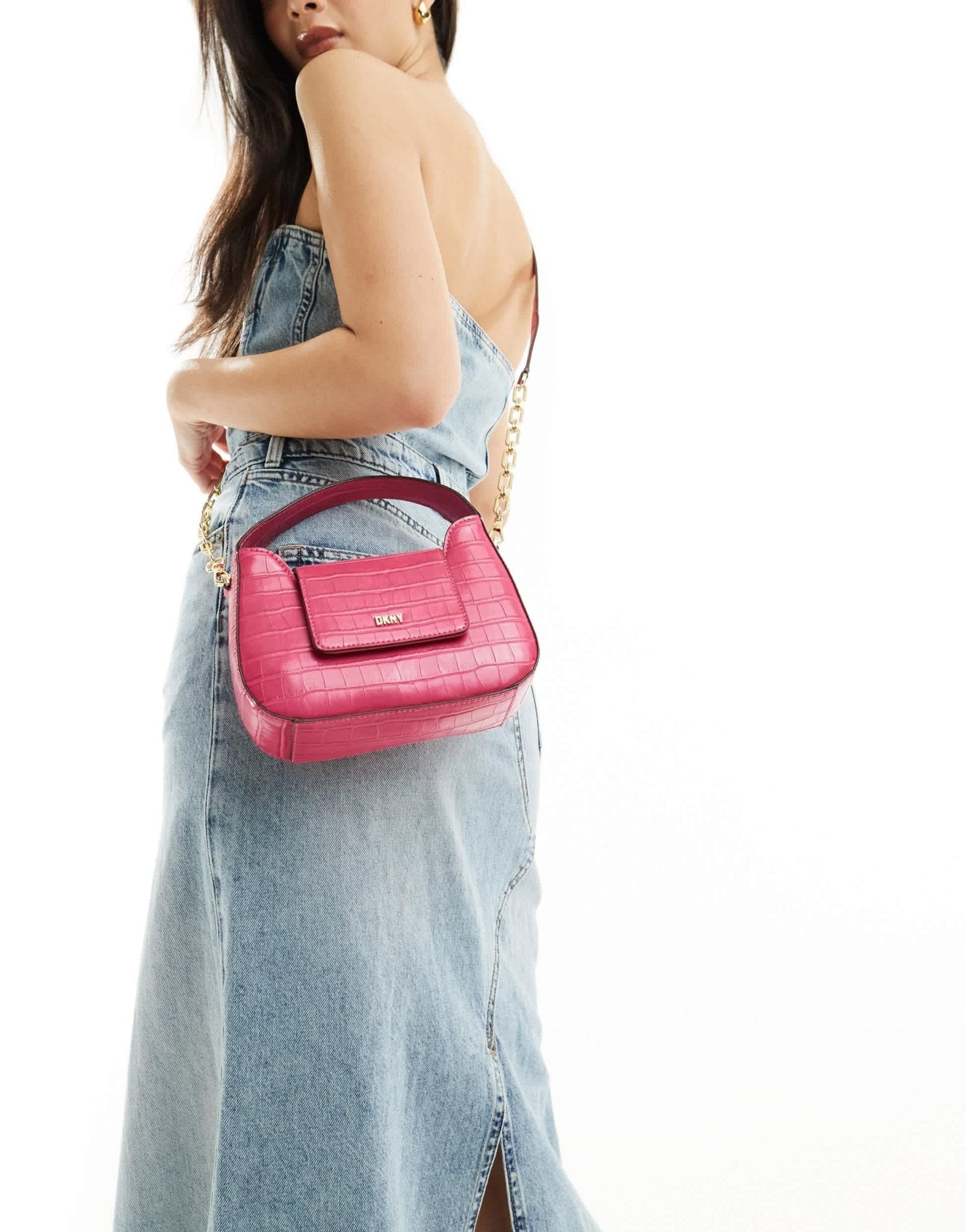 DKNY Arden top handle bag with cross body strap in pink croc - ASOS Sample Sale EU Store